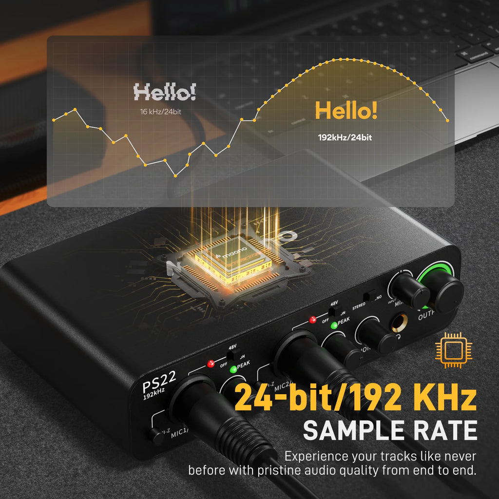 Interfaz de Audio MAONO PS22 – 24bit/192kHz, Doble USB-C, Preamp 60dB