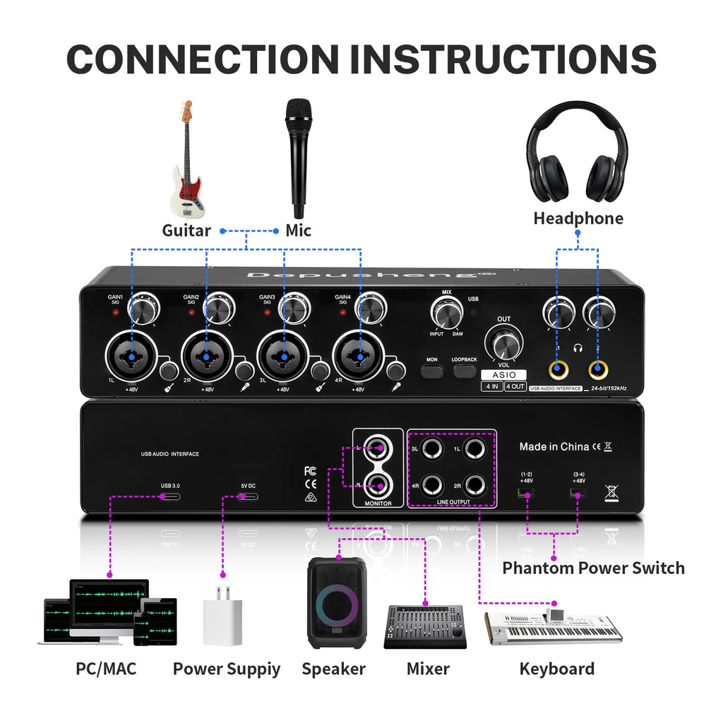 Interfaz de Audio USB MQ44 ASIO — 4 Canales 4in/4out para Grabación Profesional