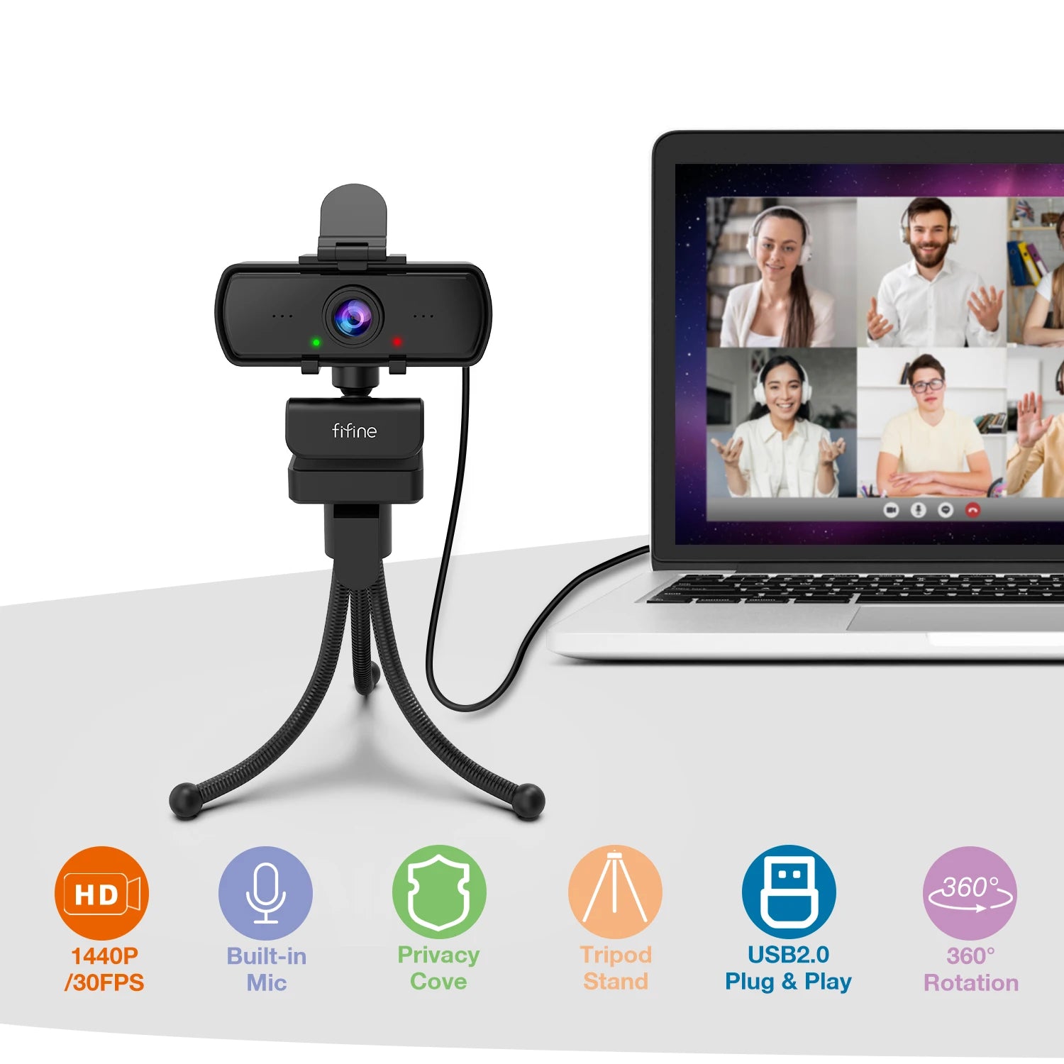 Webcam FIFINE K420 – 1440p Full HD con Micrófono y Trípode para Streaming y Videollamadas