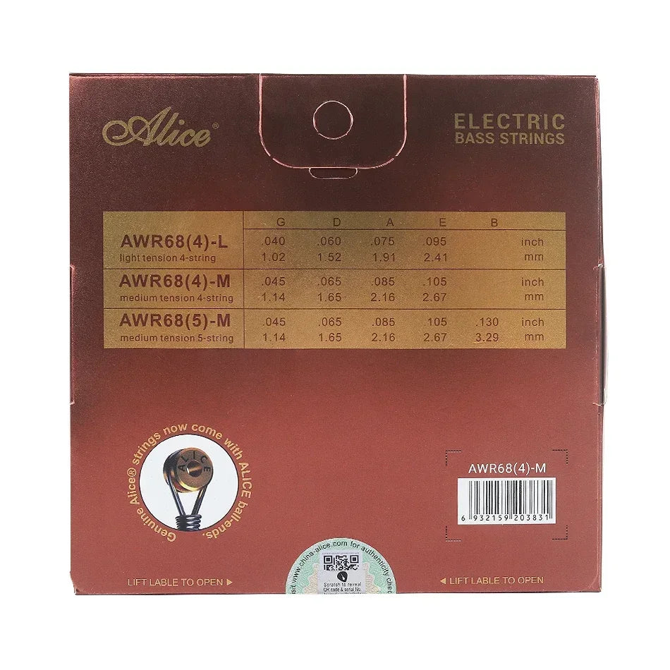 Cuerdas Bajo Eléctrico Alice AWR68 – Núcleo Hexagonal Niquelado | 4 y 5 Cuerdas | Light y Medium