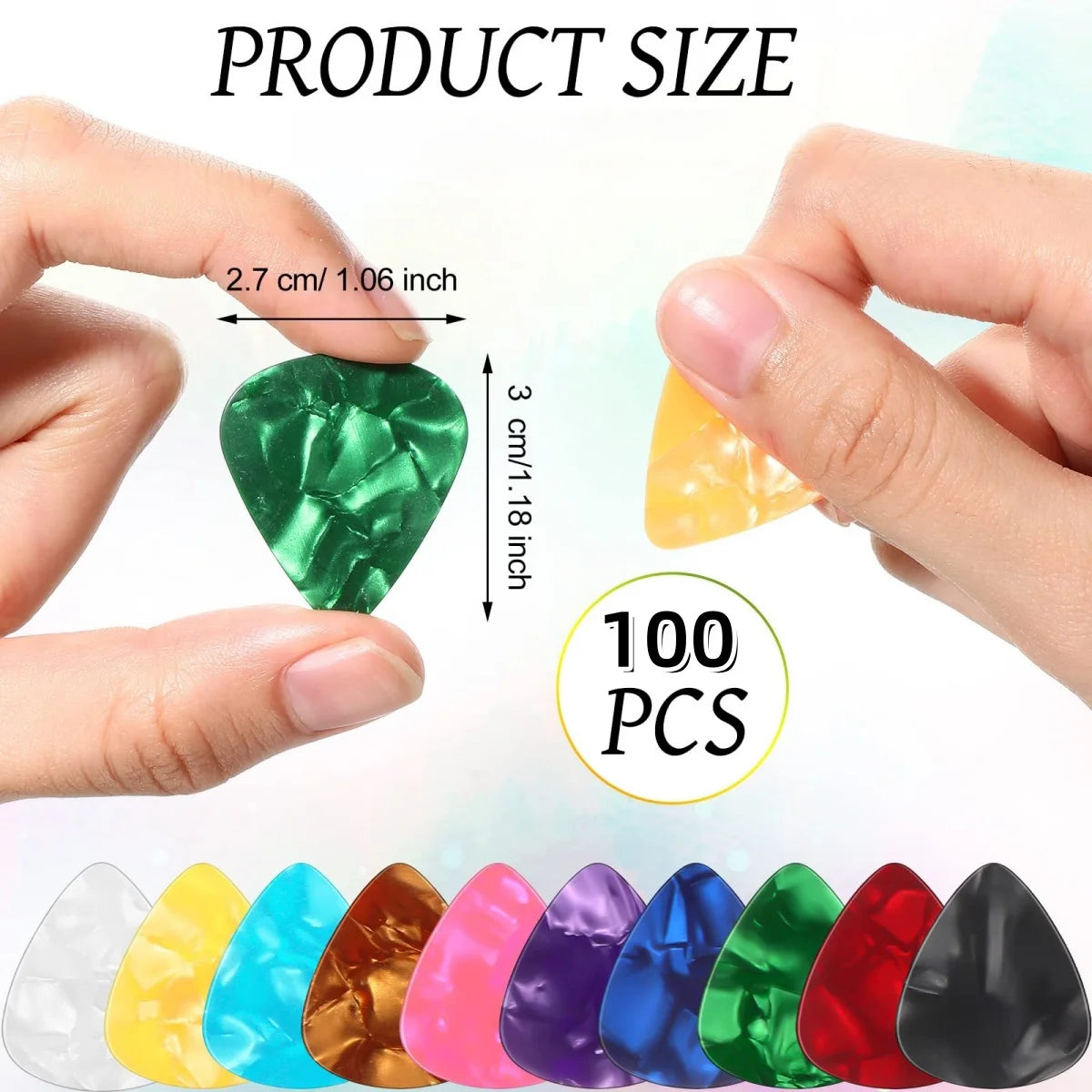 Púas de Guitarra Miwayer – Pack 100 Unidades | Celuloide Premium | 0.46 / 0.71 / 0.96mm | Multicolor