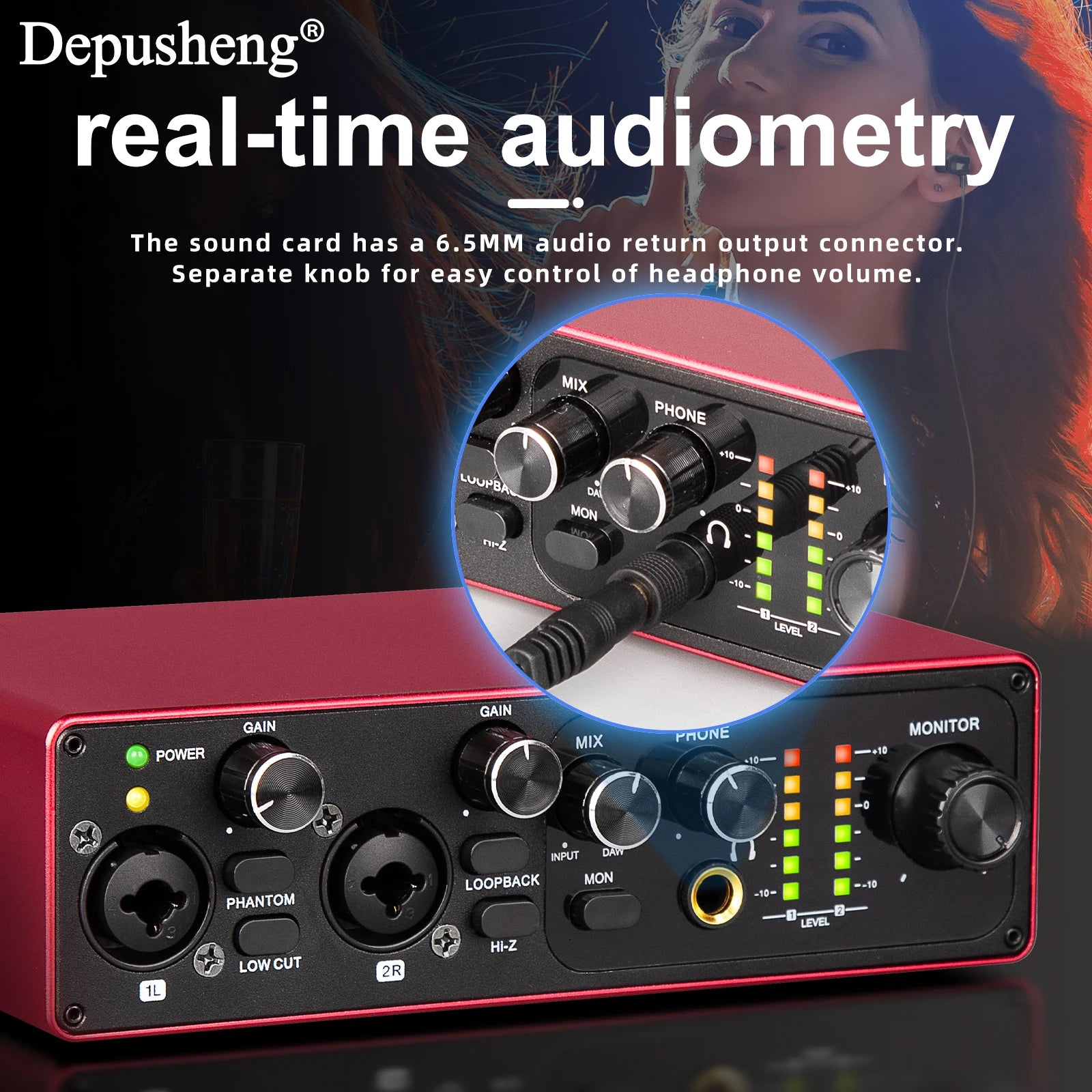 Professional Sound Card Depusheng MK22P USB Audio Interface 48v Phantom Power Supply for Live Studio Streaming Podcasts
