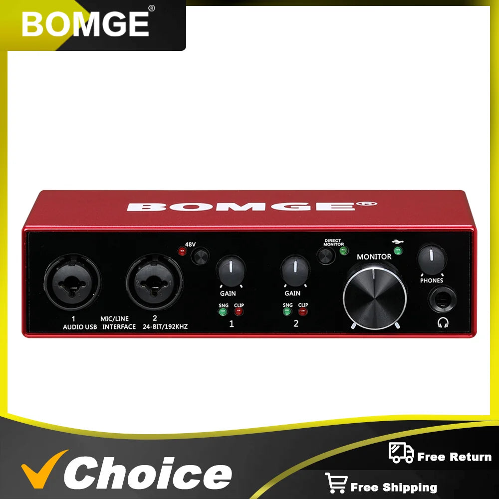 BOMGE BMG-22R Audio Interface, 24-Bit/192kHz High-Resolution Recording Interface 48V Phantom Power, Ultra-Low Noise Preamps