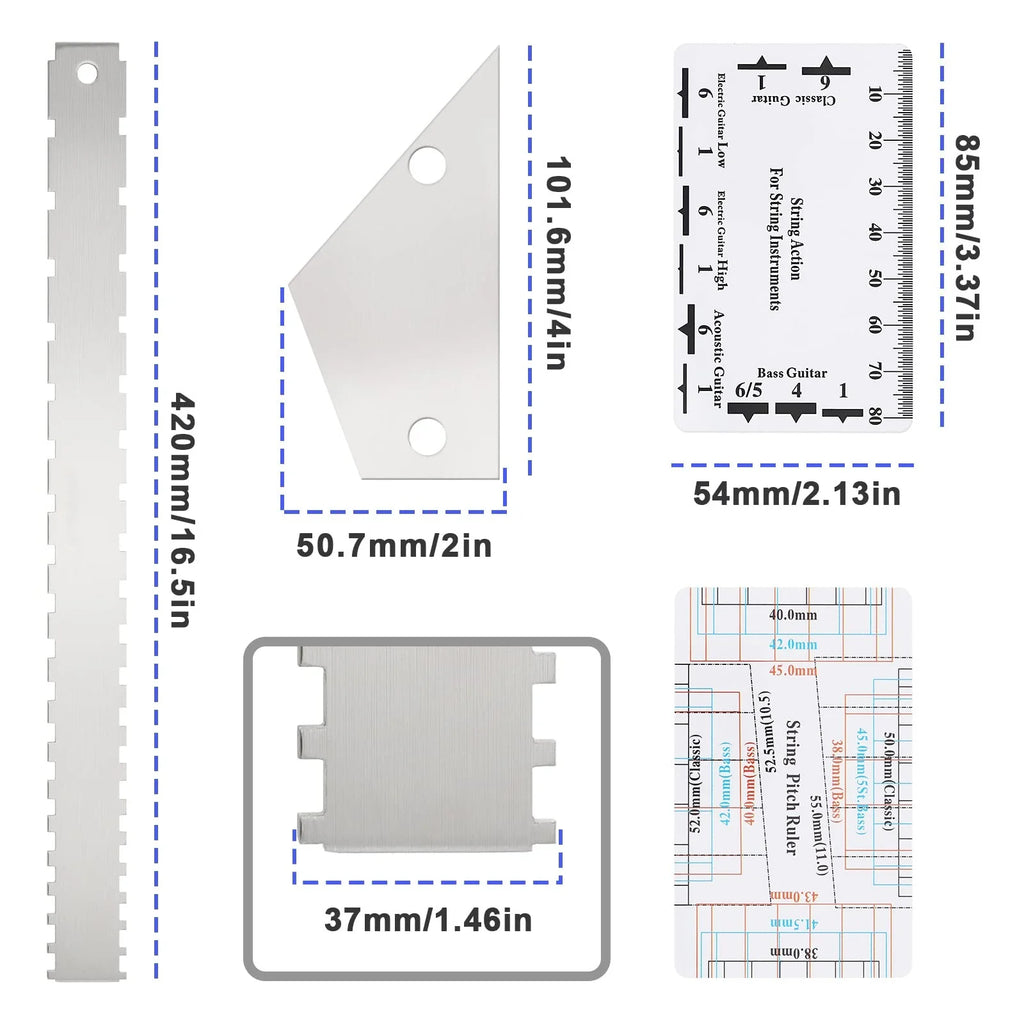 Set 3 Herramientas de Luthería Miwayer – Regla de Mástil, Medidor de Acción y Nivelador de Trastes | Acero Inoxidable
