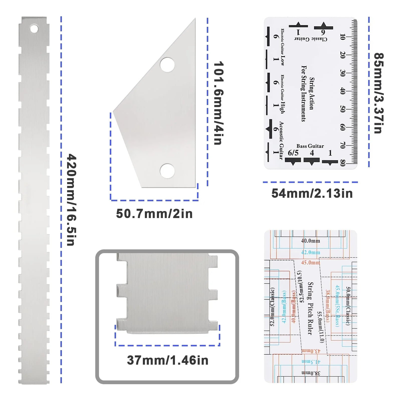 Set 3 Herramientas de Luthería Miwayer – Regla de Mástil, Medidor de Acción y Nivelador de Trastes | Acero Inoxidable