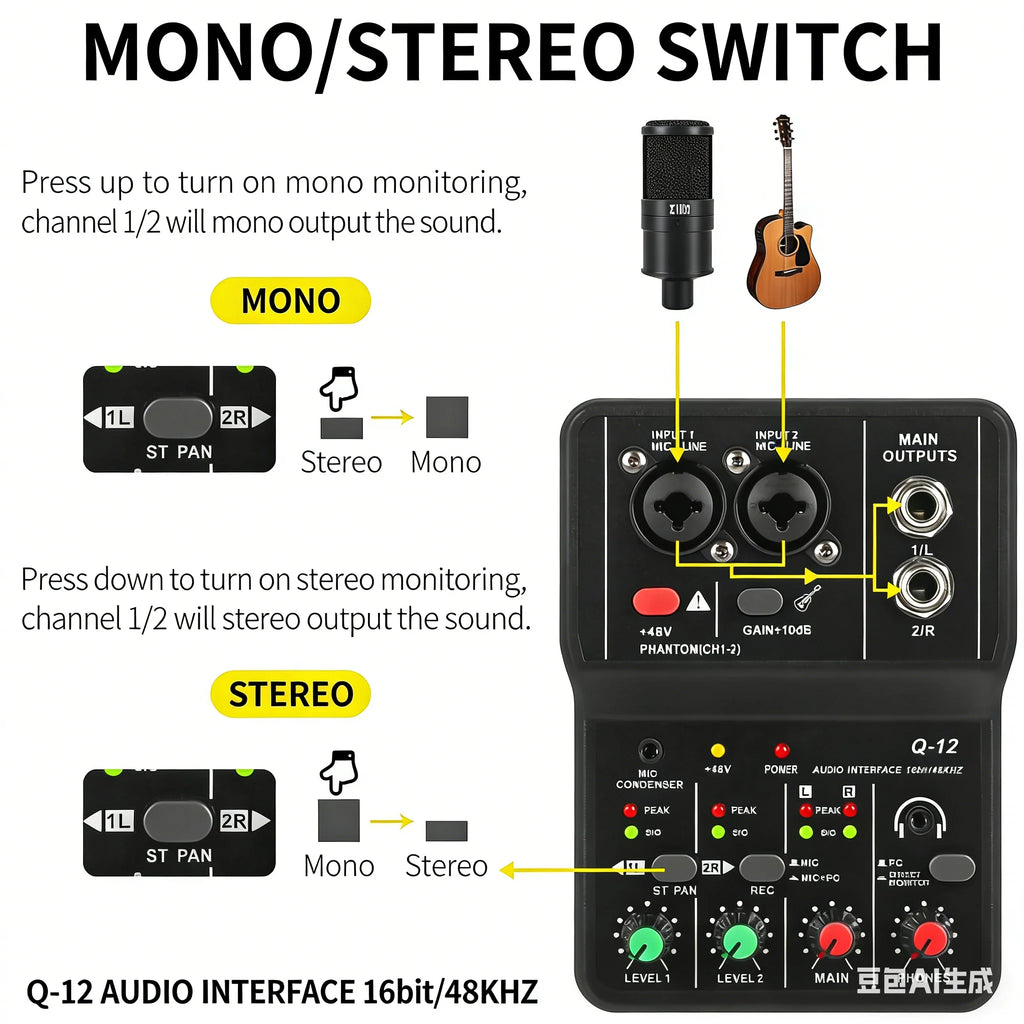 Mini Mezcladora USB TEYUN Q12 — Interfaz de Audio 2 Canales para Guitarra y Grabación
