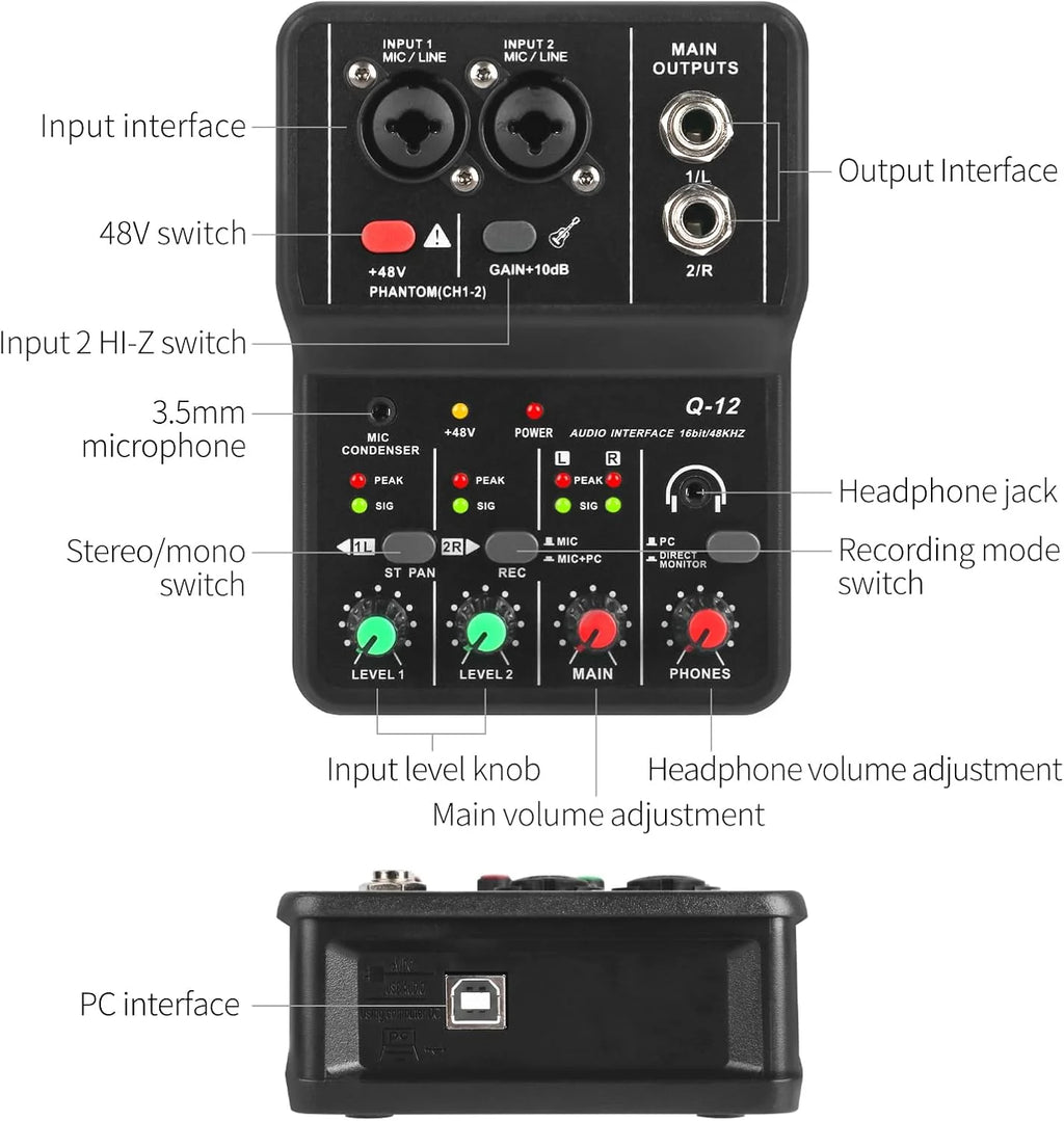TEYUN Q12 2 Channels Professional portable Audio Interface sound card console mini USB MIXER for Guitar Recording Studio Singing