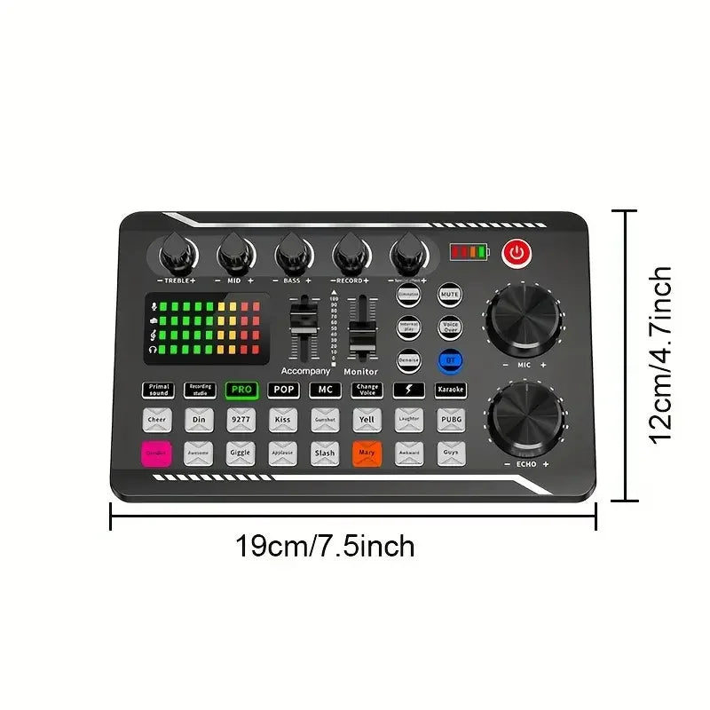 Mixer de Audio F998 – Sound Card con Interfaz DJ, Cambiador de Voz y Bluetooth para Streaming