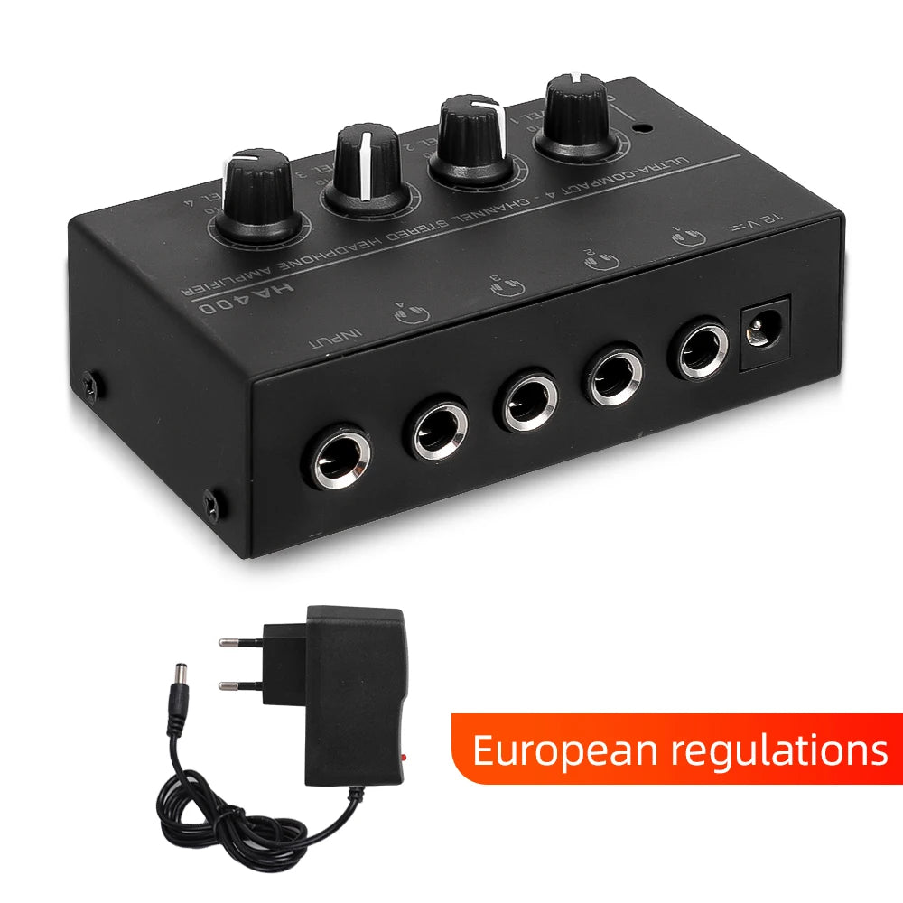 Mini Amplificador de audífonos HA400, 4 canales Ultra-Compacto Stereo + adaptador de poder