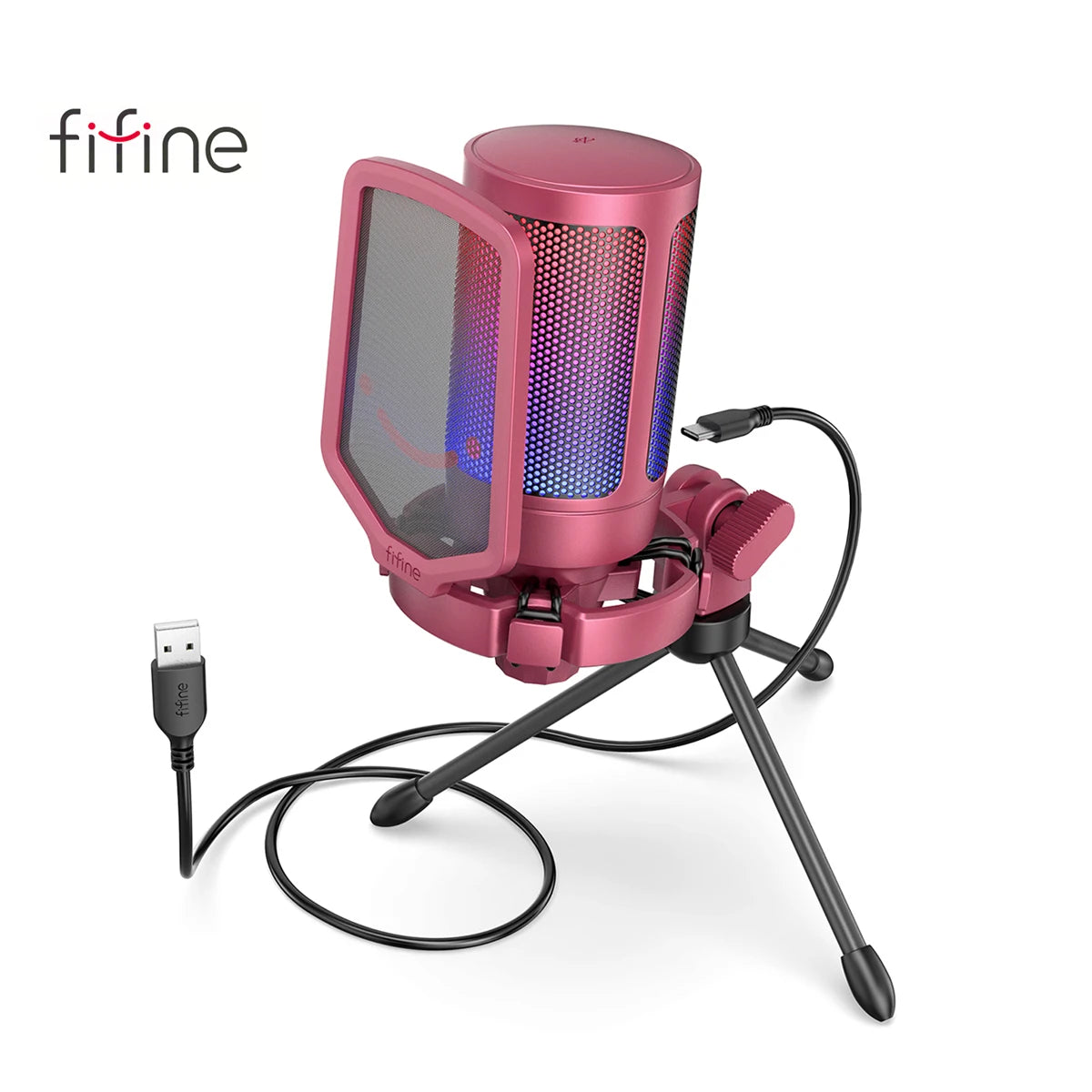Micrófono Gaming USB FIFINE A6V RGB – Condensador con Filtro Pop, Shock Mount y Control de Ganancia