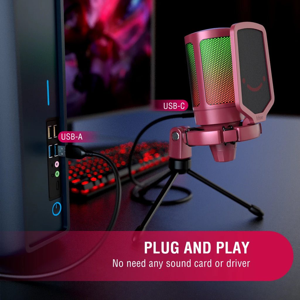 Micrófono Gaming USB FIFINE A6V RGB – Condensador con Filtro Pop, Shock Mount y Control de Ganancia