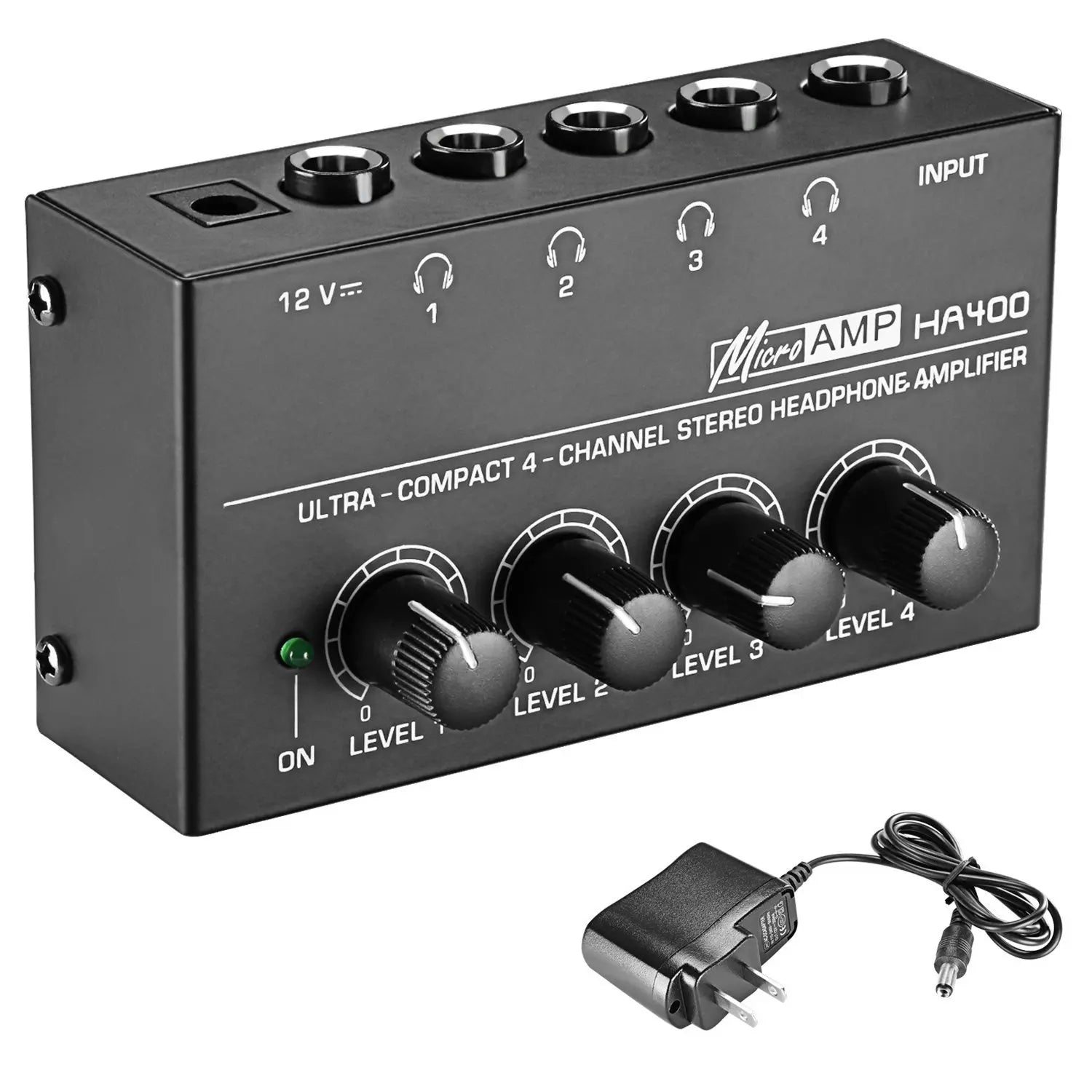 Mini Amplificador de audífonos HA400, 4 canales Ultra-Compacto Stereo + adaptador de poder