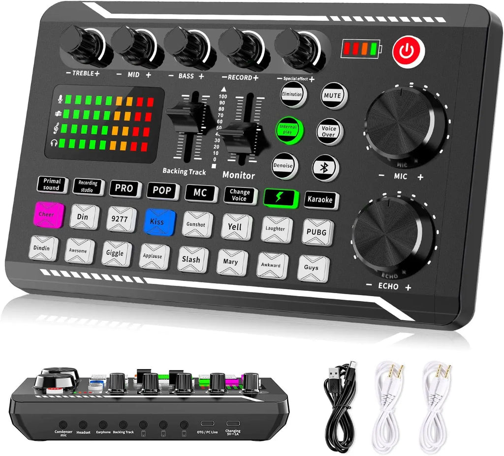 Mixer de Audio F998 – Sound Card con Interfaz DJ, Cambiador de Voz y Bluetooth para Streaming