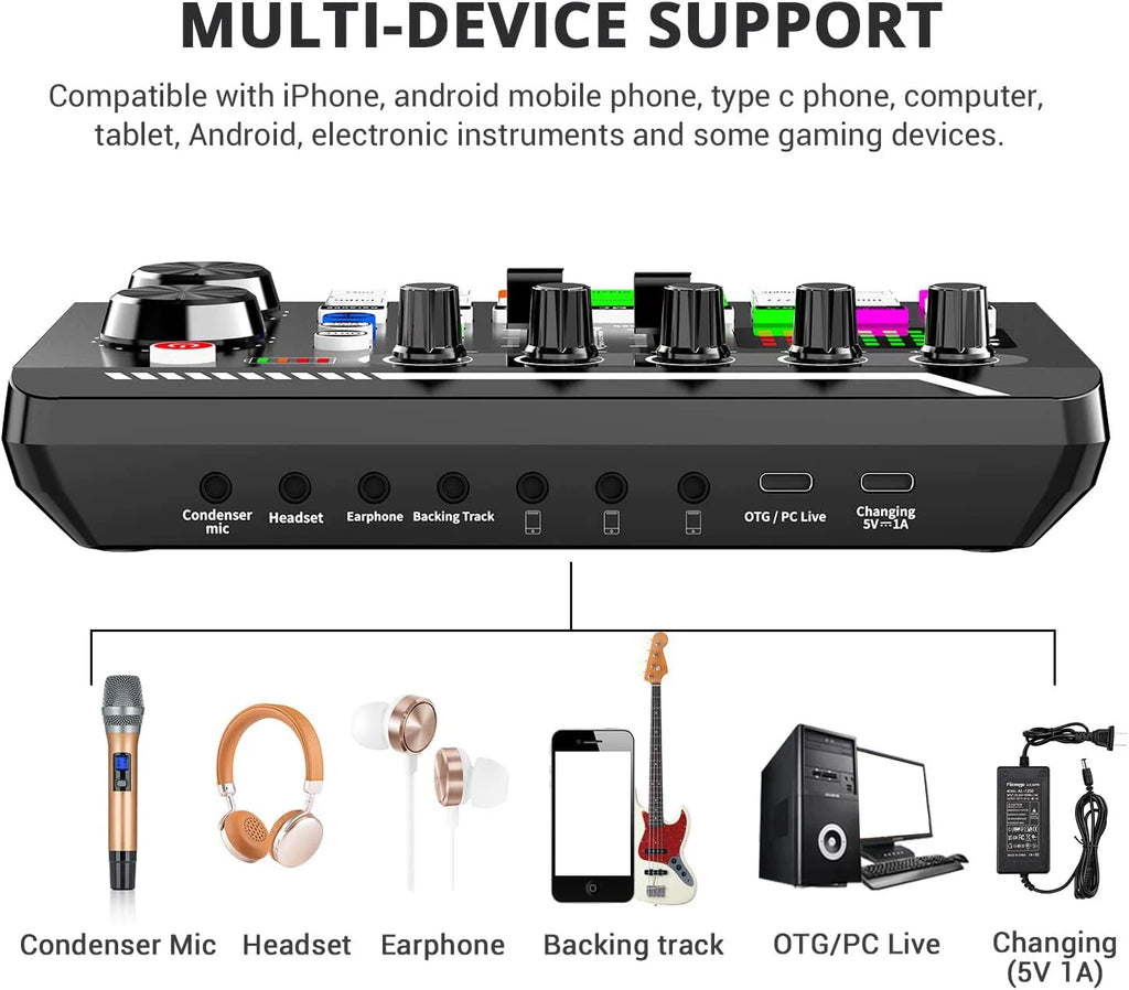 Mixer de Audio F998 – Sound Card con Interfaz DJ, Cambiador de Voz y Bluetooth para Streaming