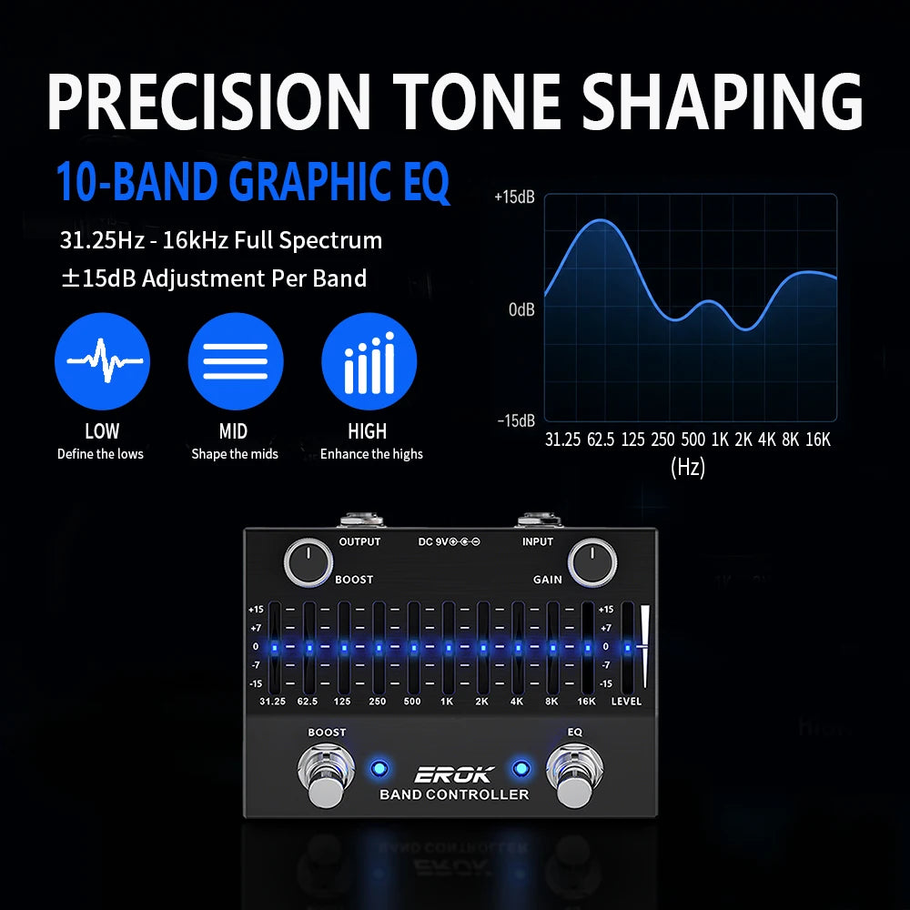 Pedal Ecualizador 10 Bandas EROK EQB-10 ±15dB – Guitarra y Bajo, True Bypass