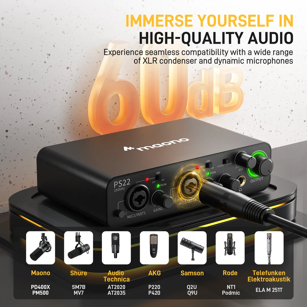 Interfaz de Audio MAONO PS22 – 24bit/192kHz, Doble USB-C, Preamp 60dB