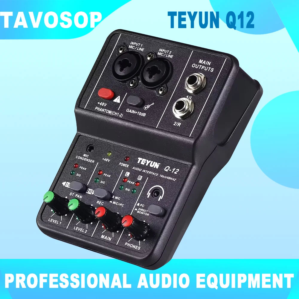 Mini Mezcladora USB TEYUN Q12 — Interfaz de Audio 2 Canales para Guitarra y Grabación