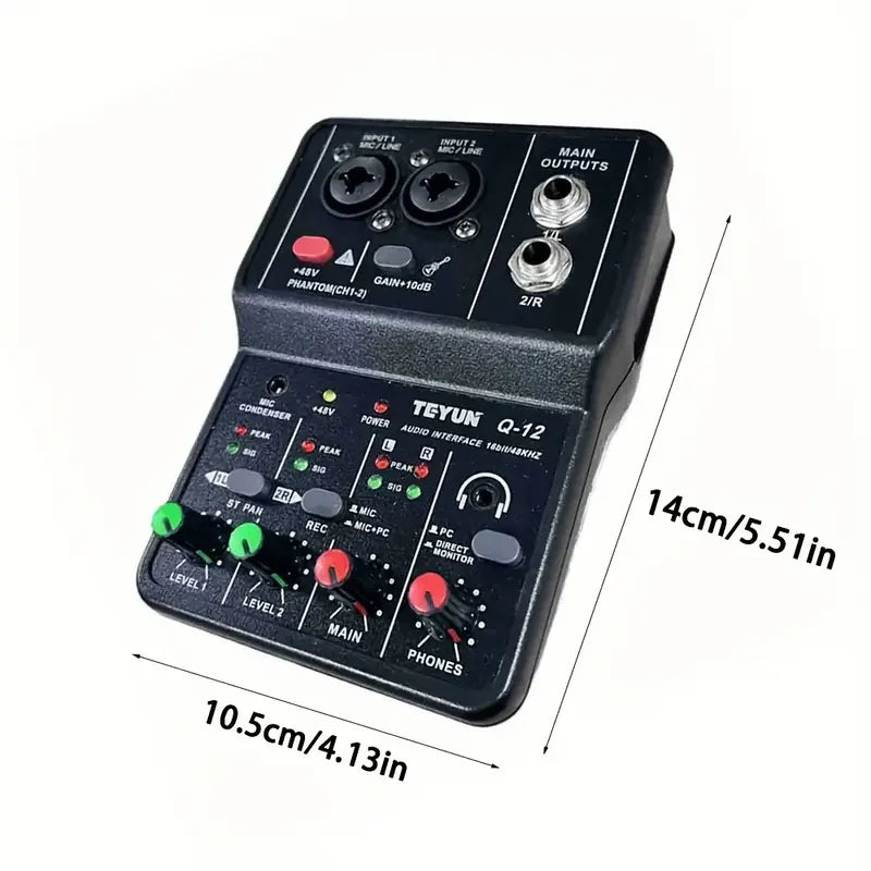 Mini Mezcladora USB TEYUN Q12 — Interfaz de Audio 2 Canales para Guitarra y Grabación