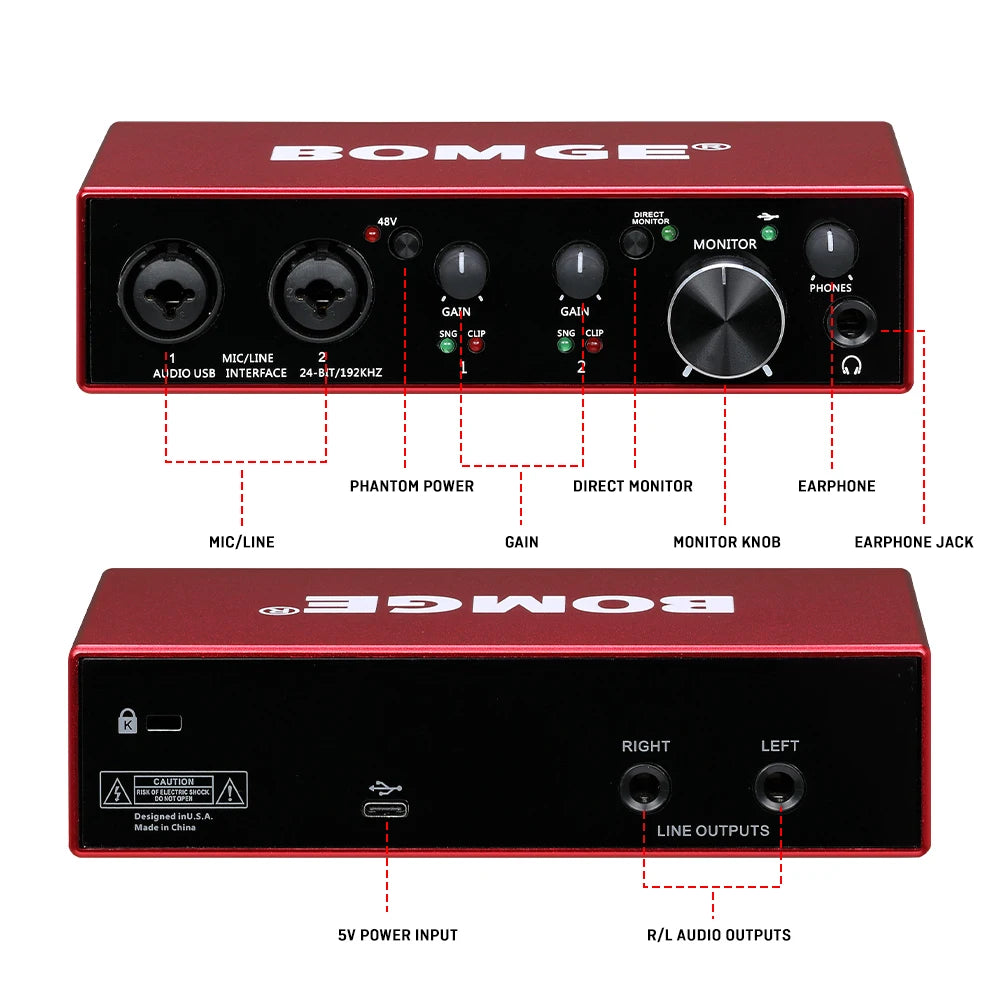 BOMGE BMG-22R Audio Interface, 24-Bit/192kHz High-Resolution Recording Interface 48V Phantom Power, Ultra-Low Noise Preamps