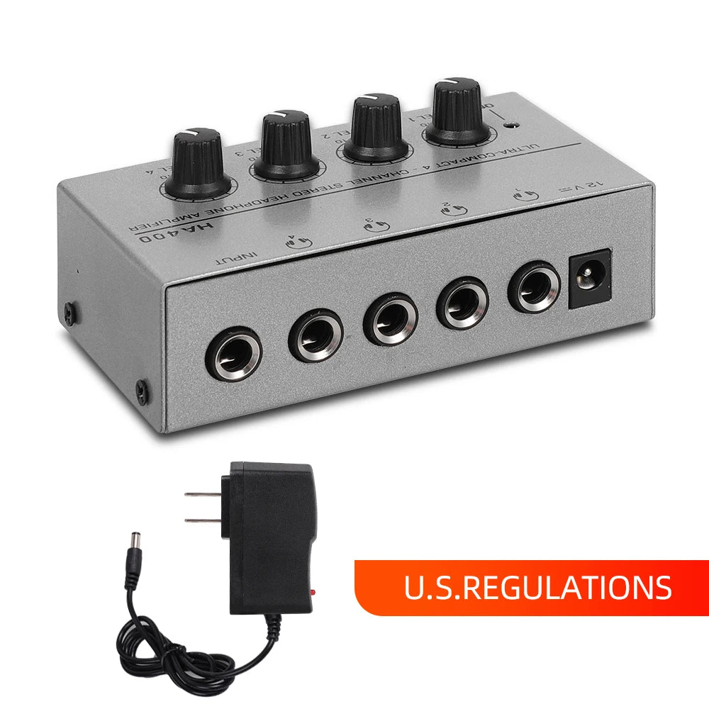 Mini Amplificador de audífonos HA400, 4 canales Ultra-Compacto Stereo + adaptador de poder