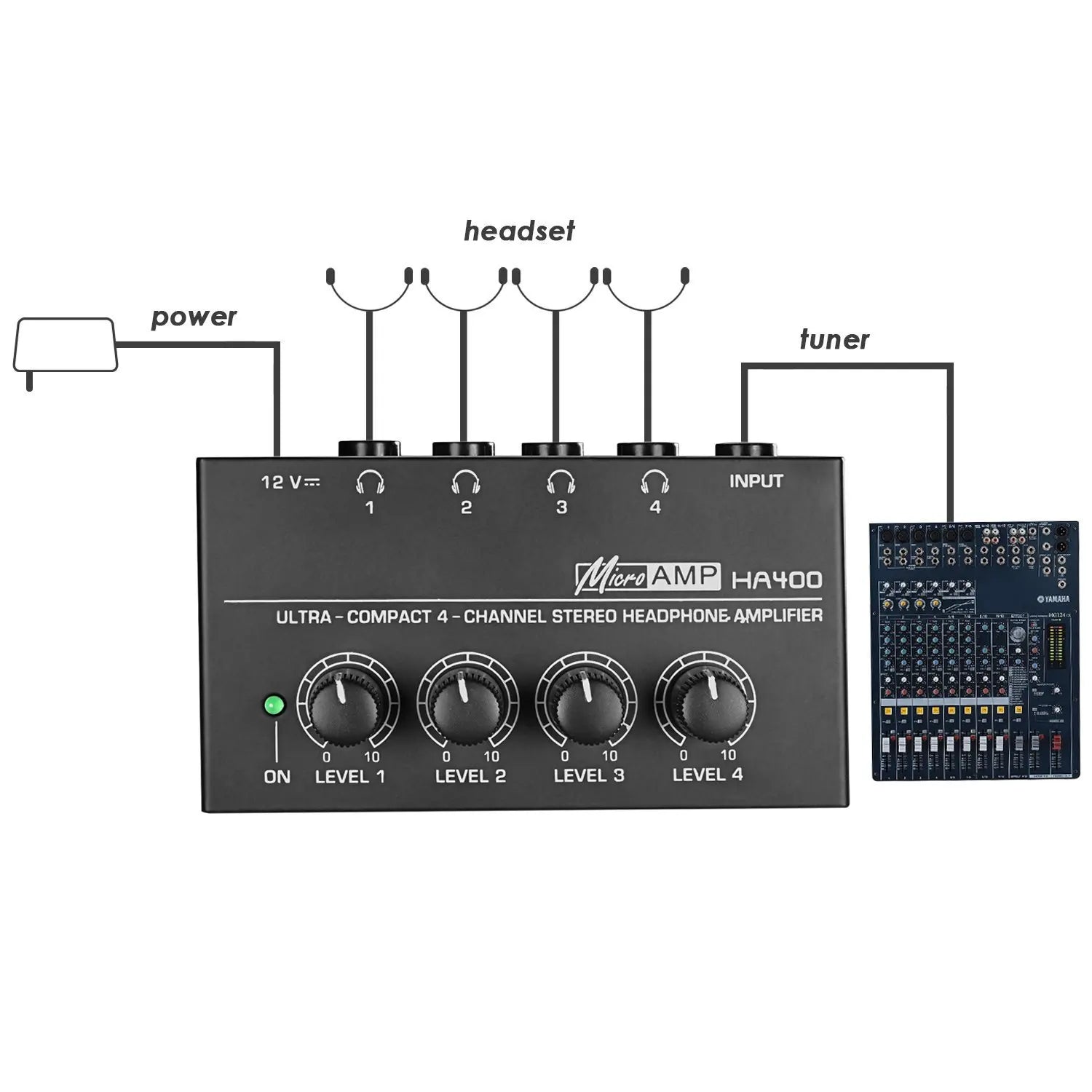 Mini Amplificador de audífonos HA400, 4 canales Ultra-Compacto Stereo + adaptador de poder
