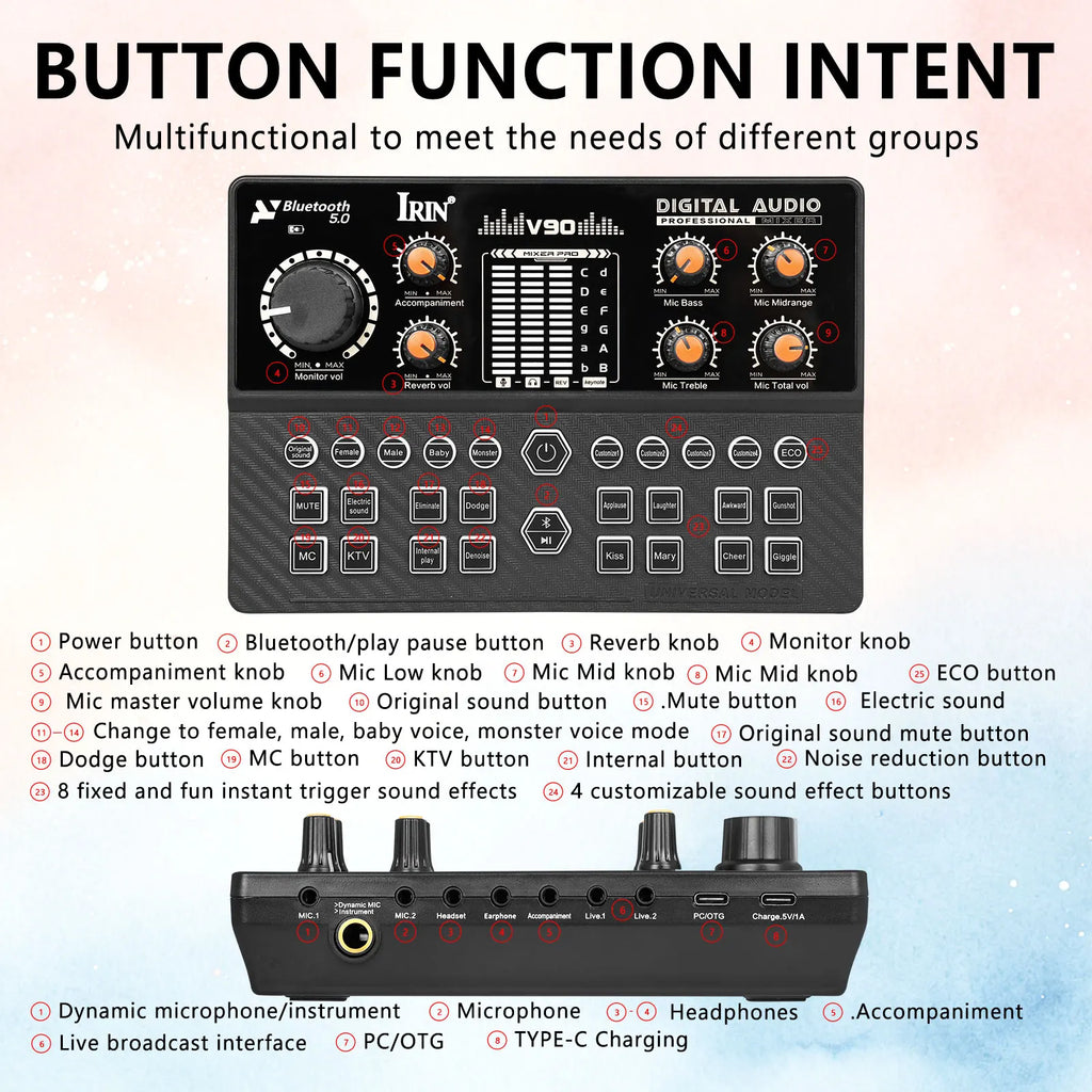 Mixer de Audio IRIN V90 – Interfaz, Bluetooth, Cambiador de Voz para PC y Streaming
