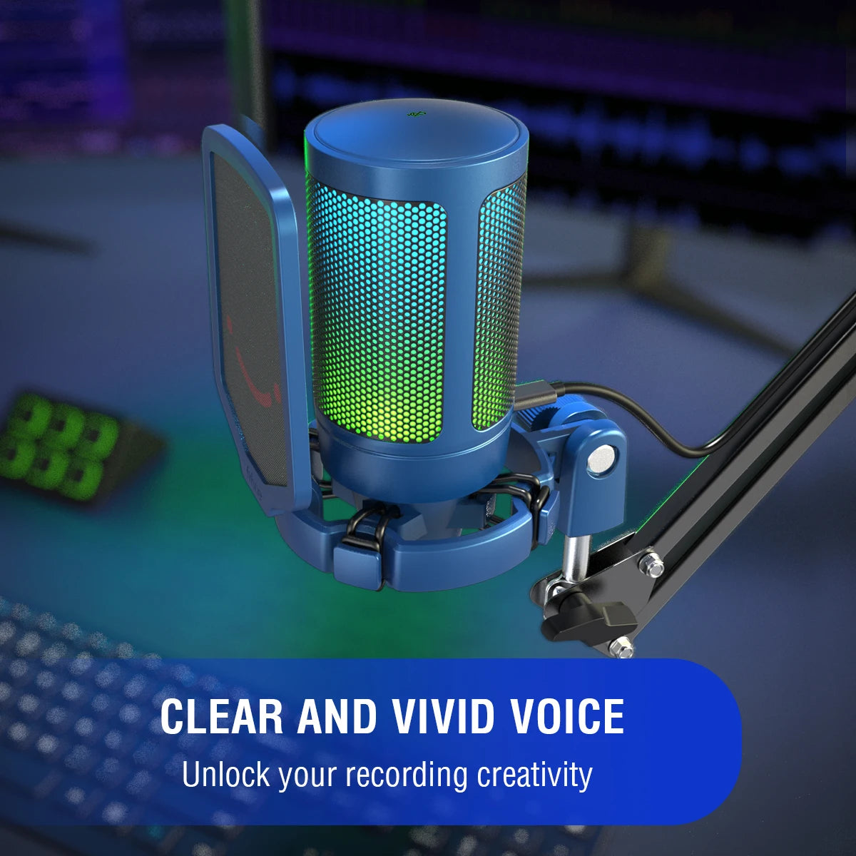 Micrófono Gaming USB FIFINE A6V RGB – Condensador con Filtro Pop, Shock Mount y Control de Ganancia