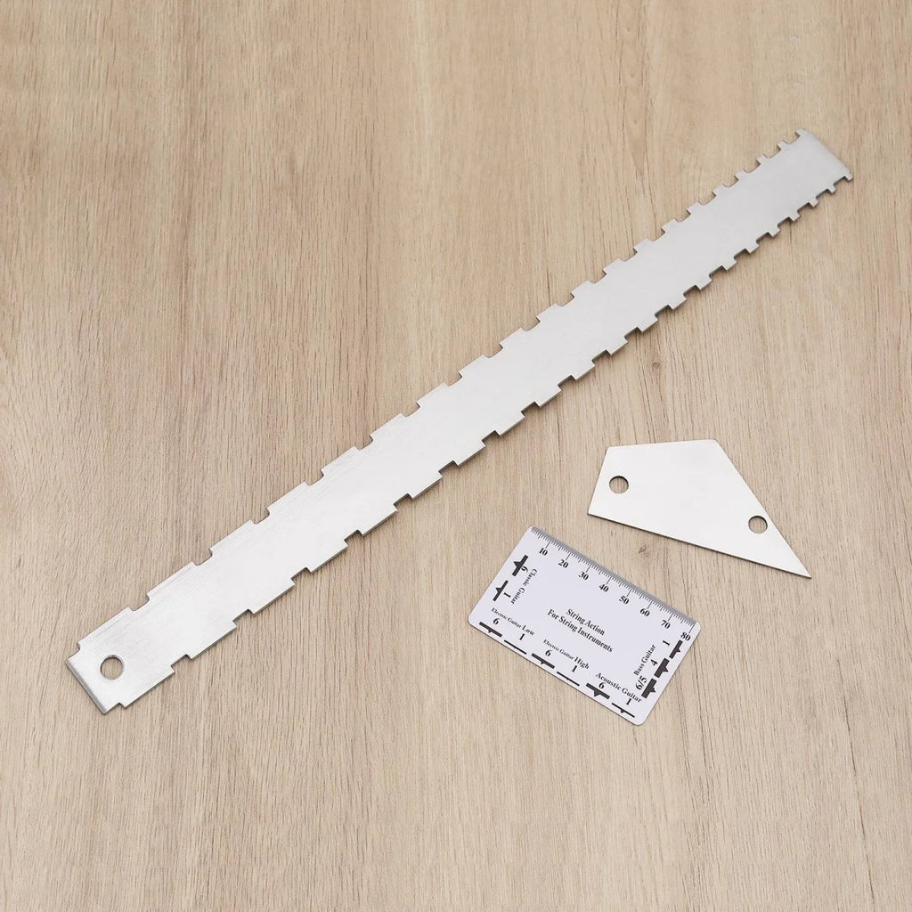 Set 3 Herramientas de Luthería Miwayer – Regla de Mástil, Medidor de Acción y Nivelador de Trastes | Acero Inoxidable