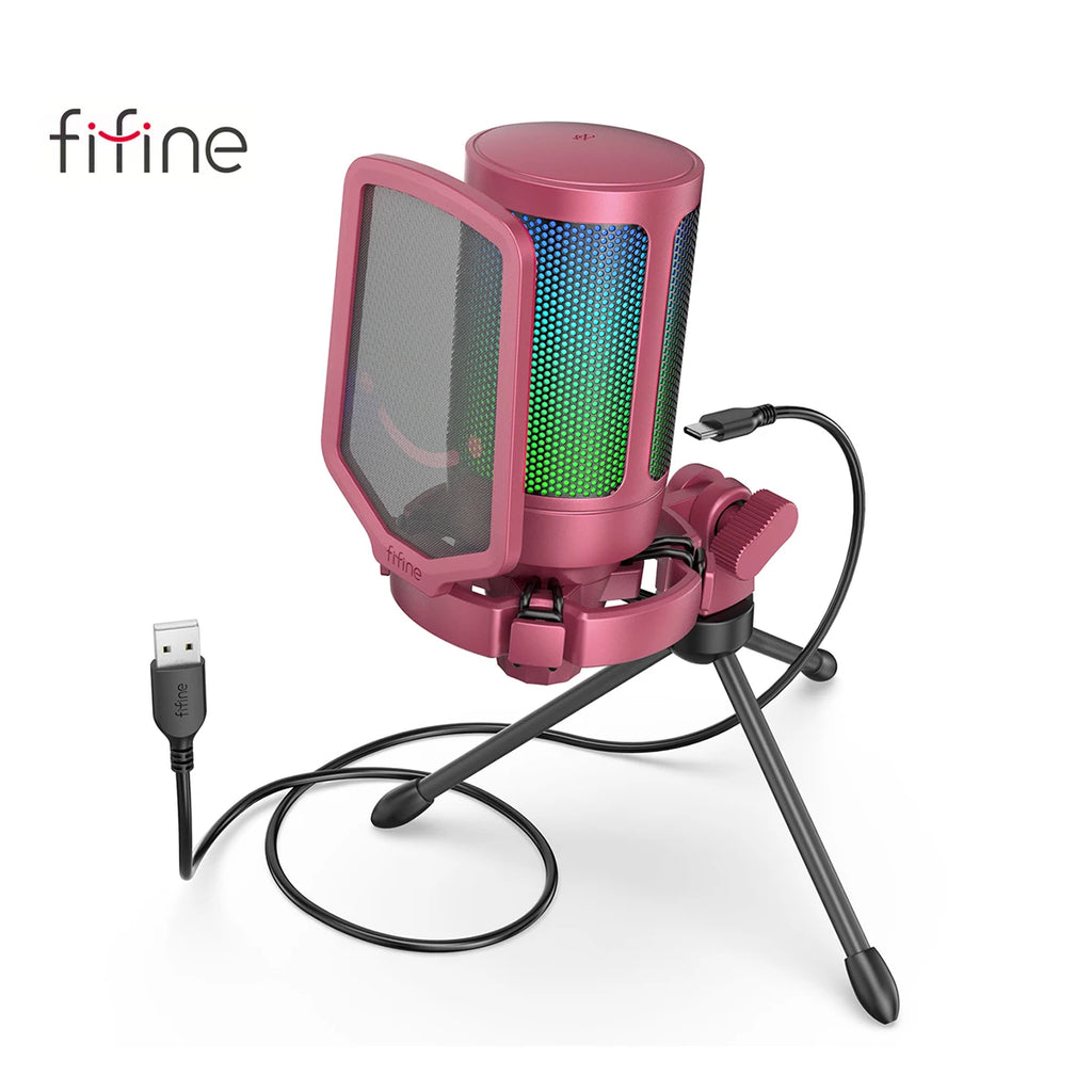 Micrófono Gaming USB FIFINE A6V RGB – Condensador con Filtro Pop, Shock Mount y Control de Ganancia