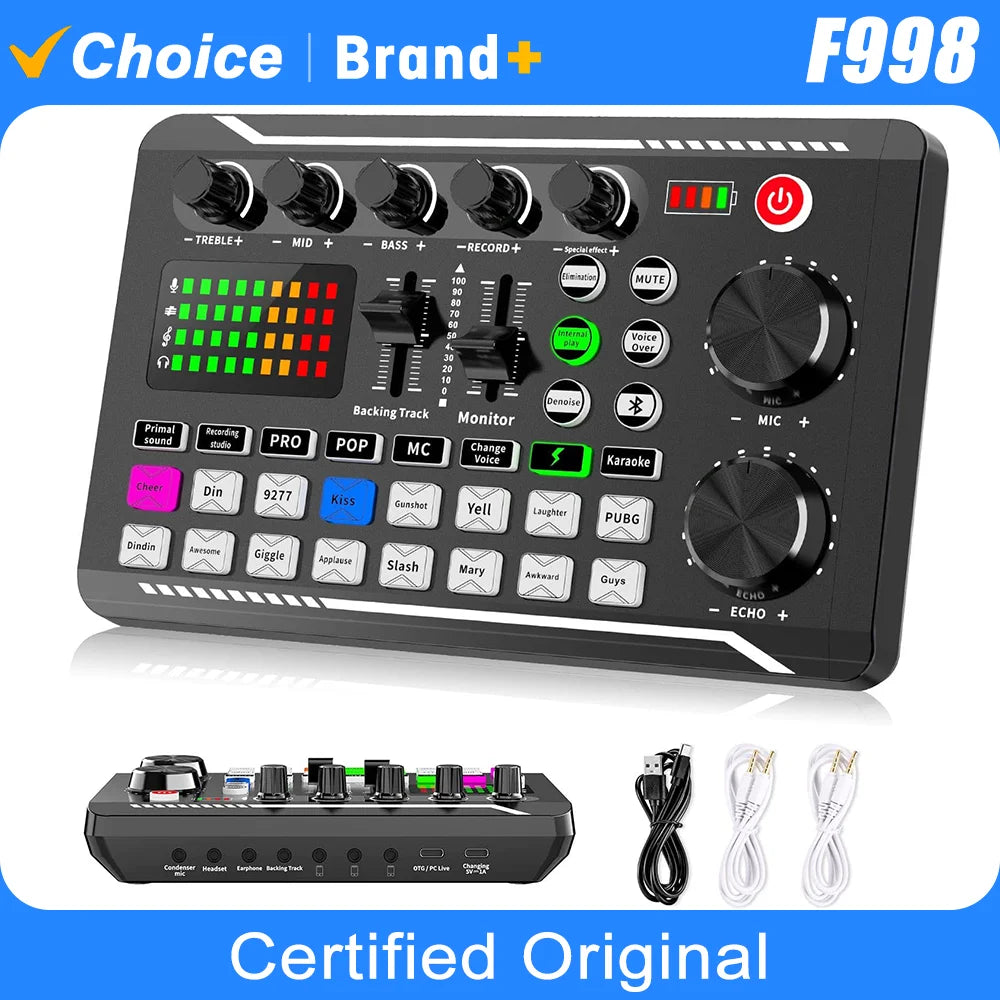 Mixer de Audio F998 – Sound Card con Interfaz DJ, Cambiador de Voz y Bluetooth para Streaming