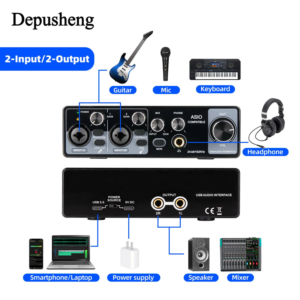 Interfaz de Audio USB MQ44 ASIO — 4 Canales 4in/4out para Grabación Profesional