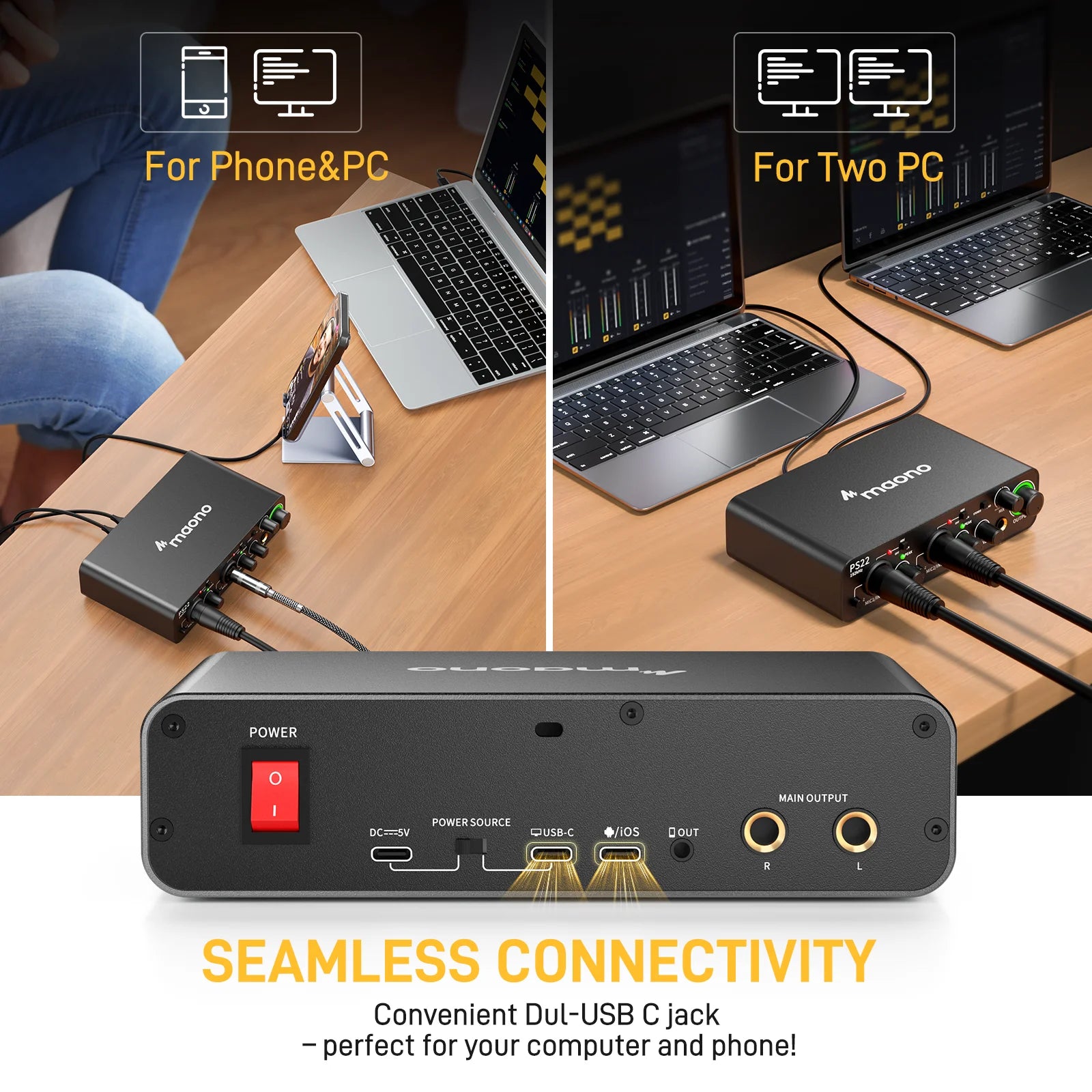 Interfaz de Audio MAONO PS22 – 24bit/192kHz, Doble USB-C, Preamp 60dB
