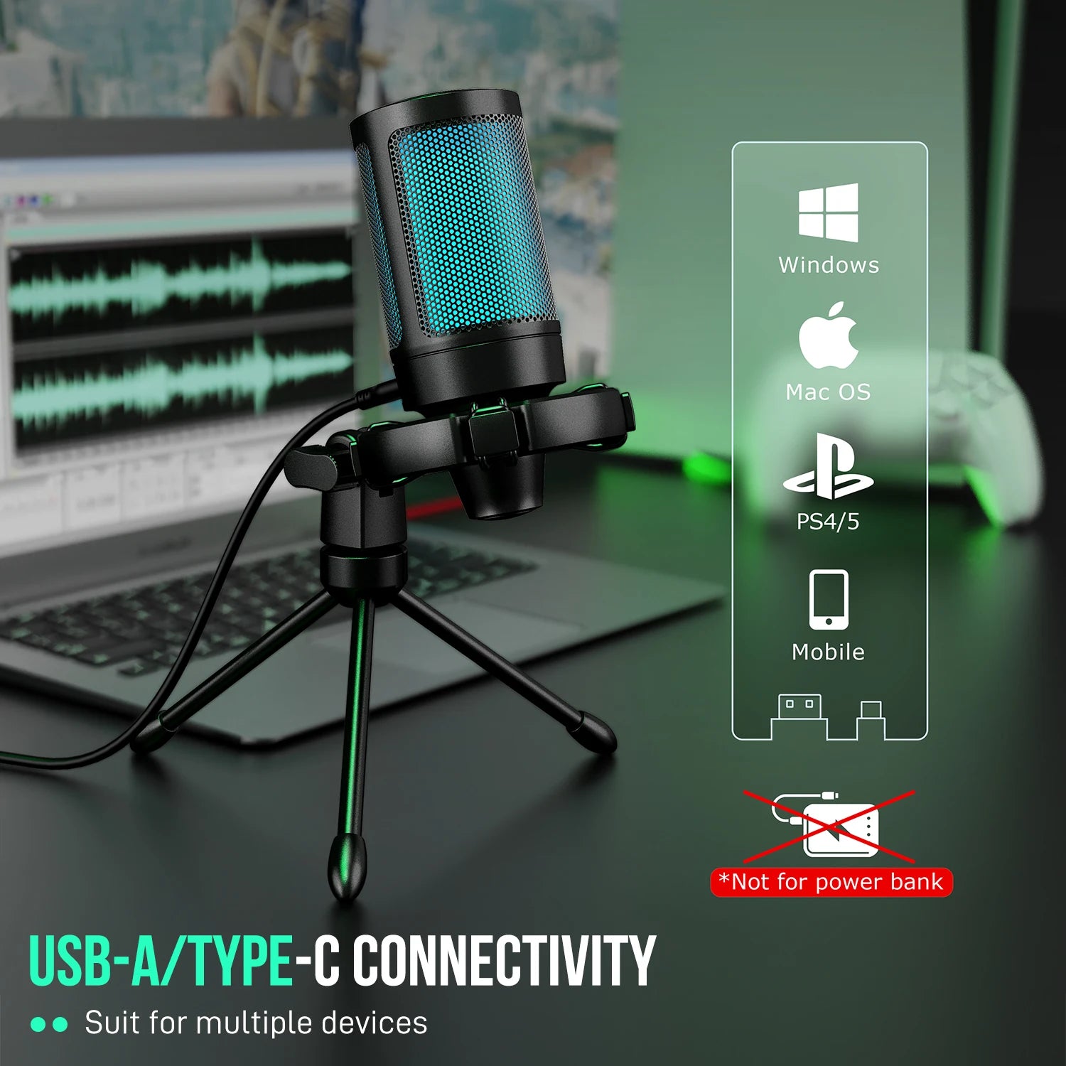 Micrófono USB, Condensador con tripode FIFINE RGB
 PC, Streaming-A2, etc. by Ampligame.