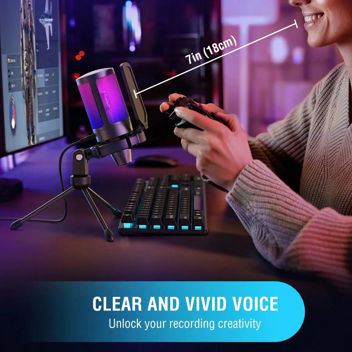 Micrófono Gaming USB FIFINE A6V RGB – Condensador con Filtro Pop, Shock Mount y Control de Ganancia