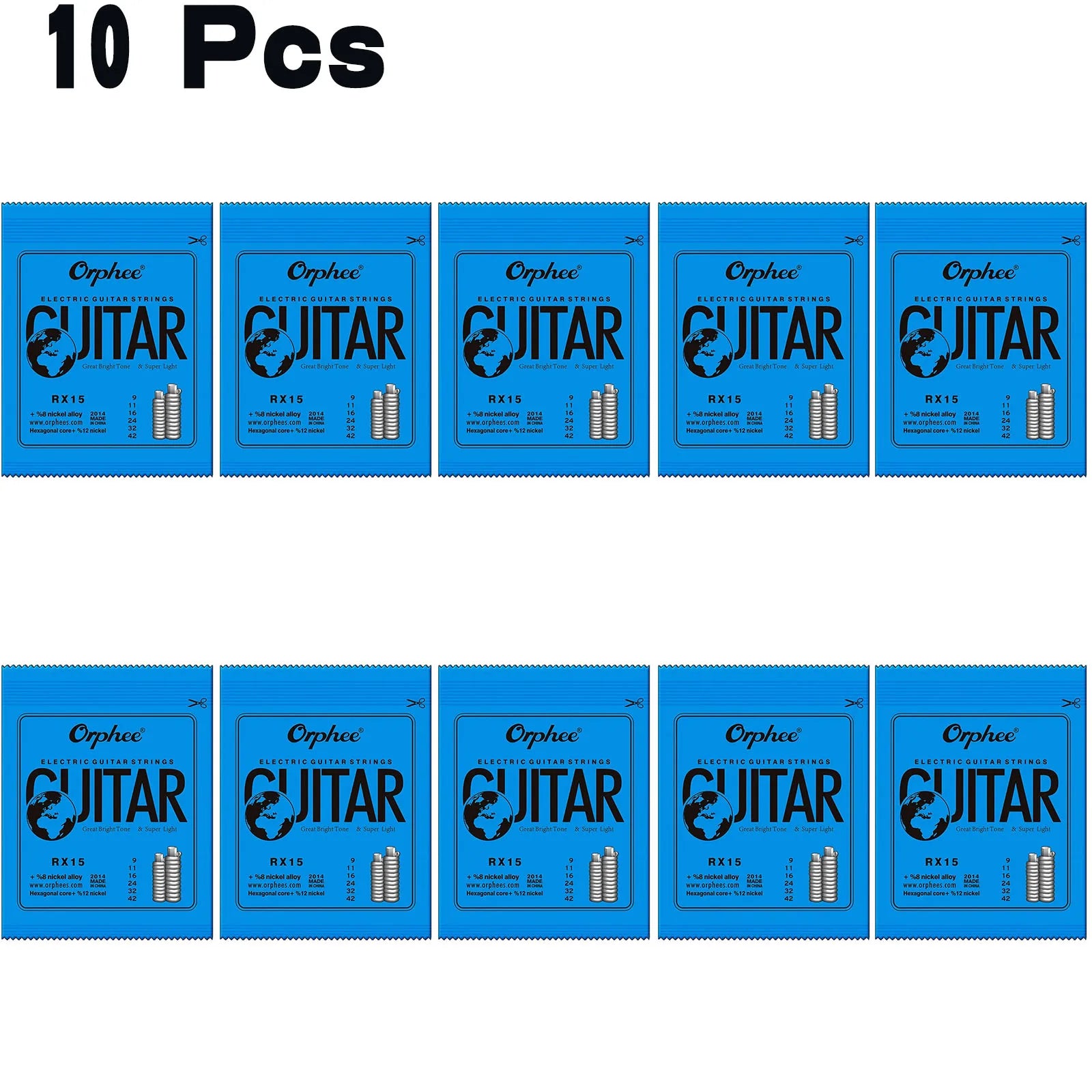Cuerdas Guitarra Eléctrica Orphee RX Series – Acero Hexagonal | 1, 5 o 10 Sets