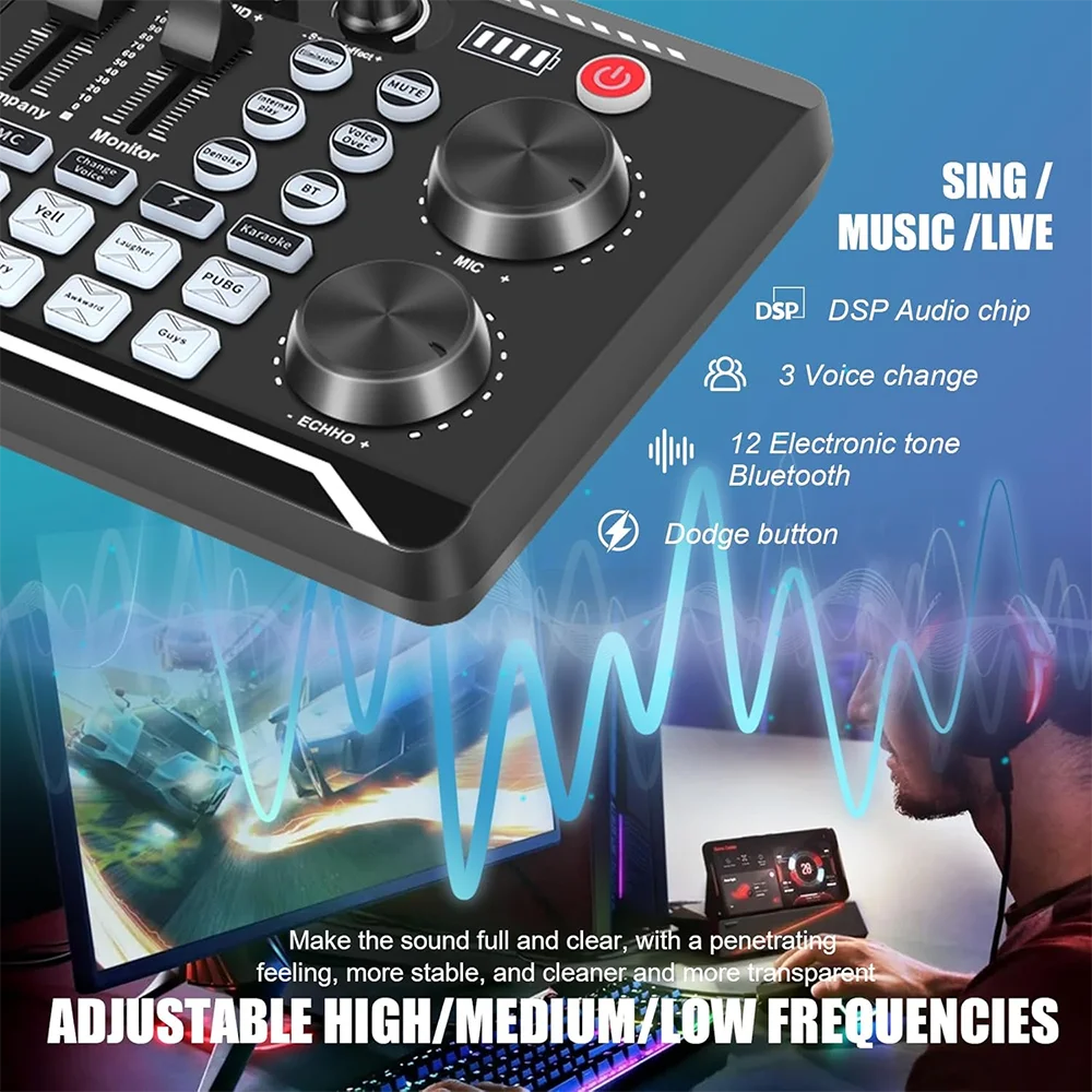 Mixer de Audio F998 – Sound Card con Interfaz DJ, Cambiador de Voz y Bluetooth para Streaming