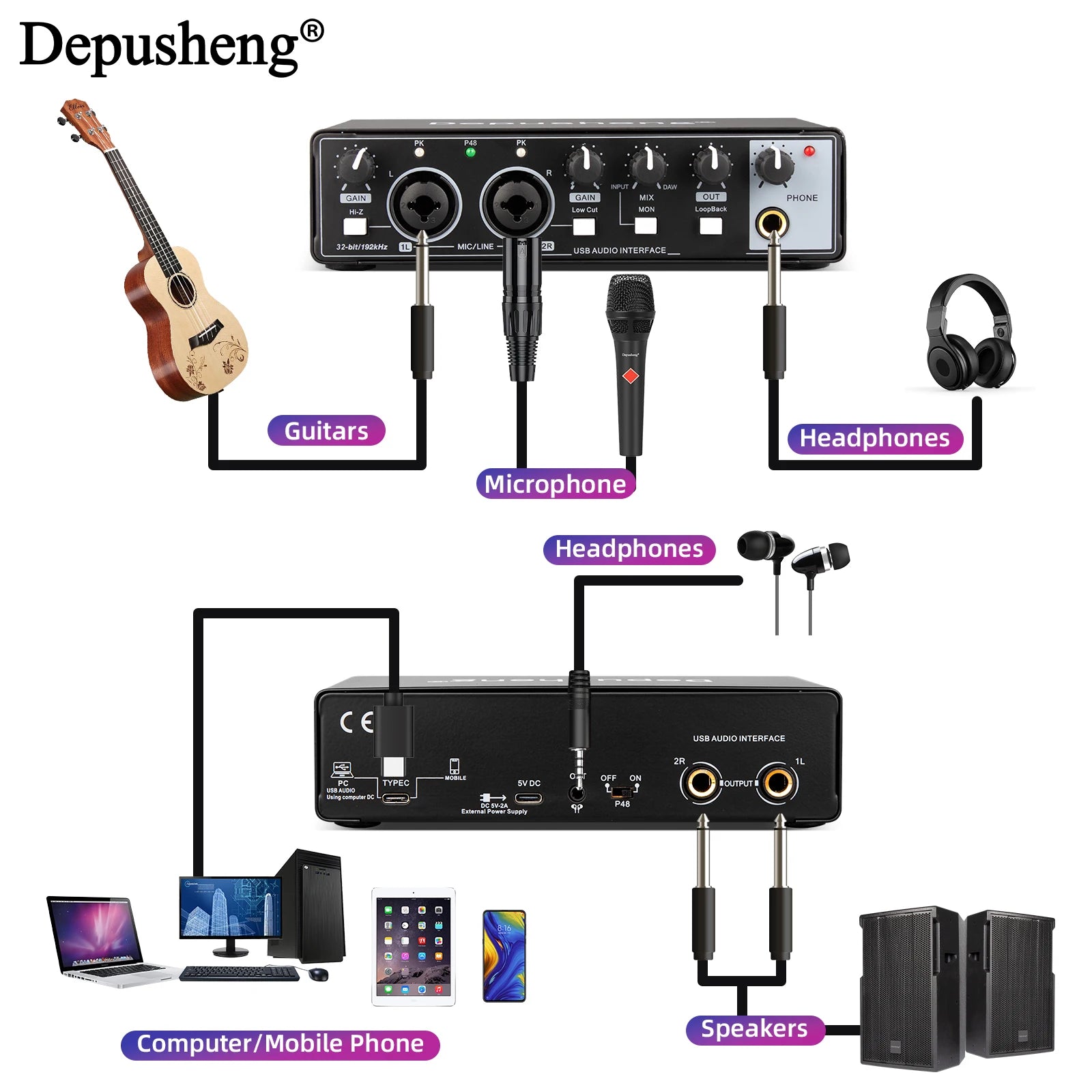 Interfaz de Audio DEPUSHENG MD32 — USB-C con Monitoreo para Guitarra y Grabación