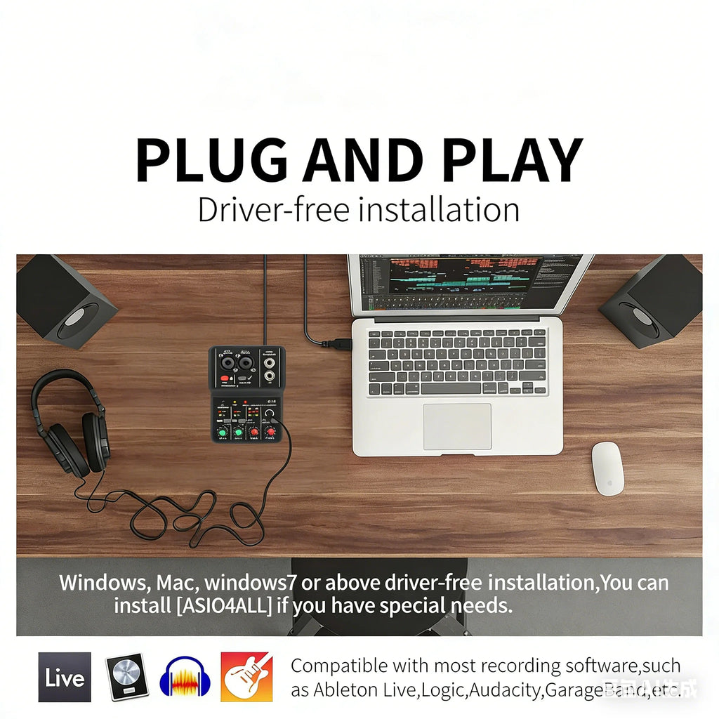 Mini Mezcladora USB TEYUN Q12 — Interfaz de Audio 2 Canales para Guitarra y Grabación