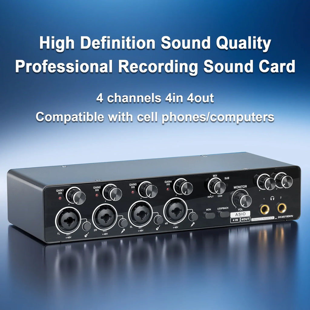 MQ44 ASIO Audio Professional Sound Card 4 Channel 4in 4out USB Audio Interface for Live Recording