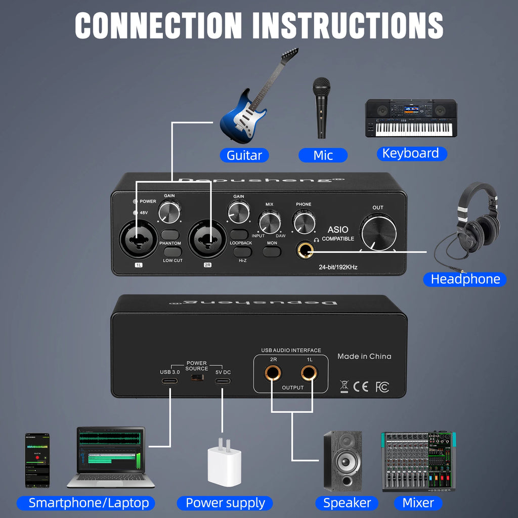 Interfaz de Audio USB MQ44 ASIO — 4 Canales 4in/4out para Grabación Profesional