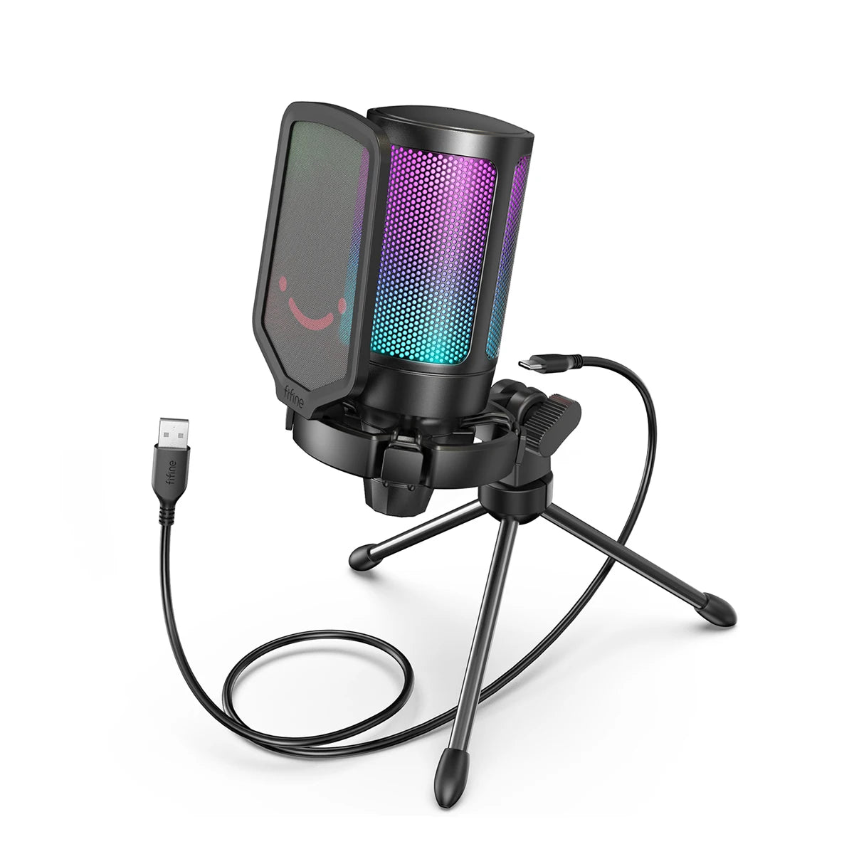 Micrófono Gaming USB FIFINE A6V RGB – Condensador con Filtro Pop, Shock Mount y Control de Ganancia