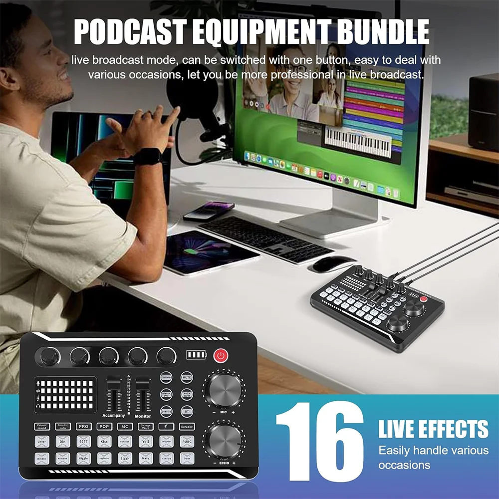 Mixer de Audio F998 – Sound Card con Interfaz DJ, Cambiador de Voz y Bluetooth para Streaming
