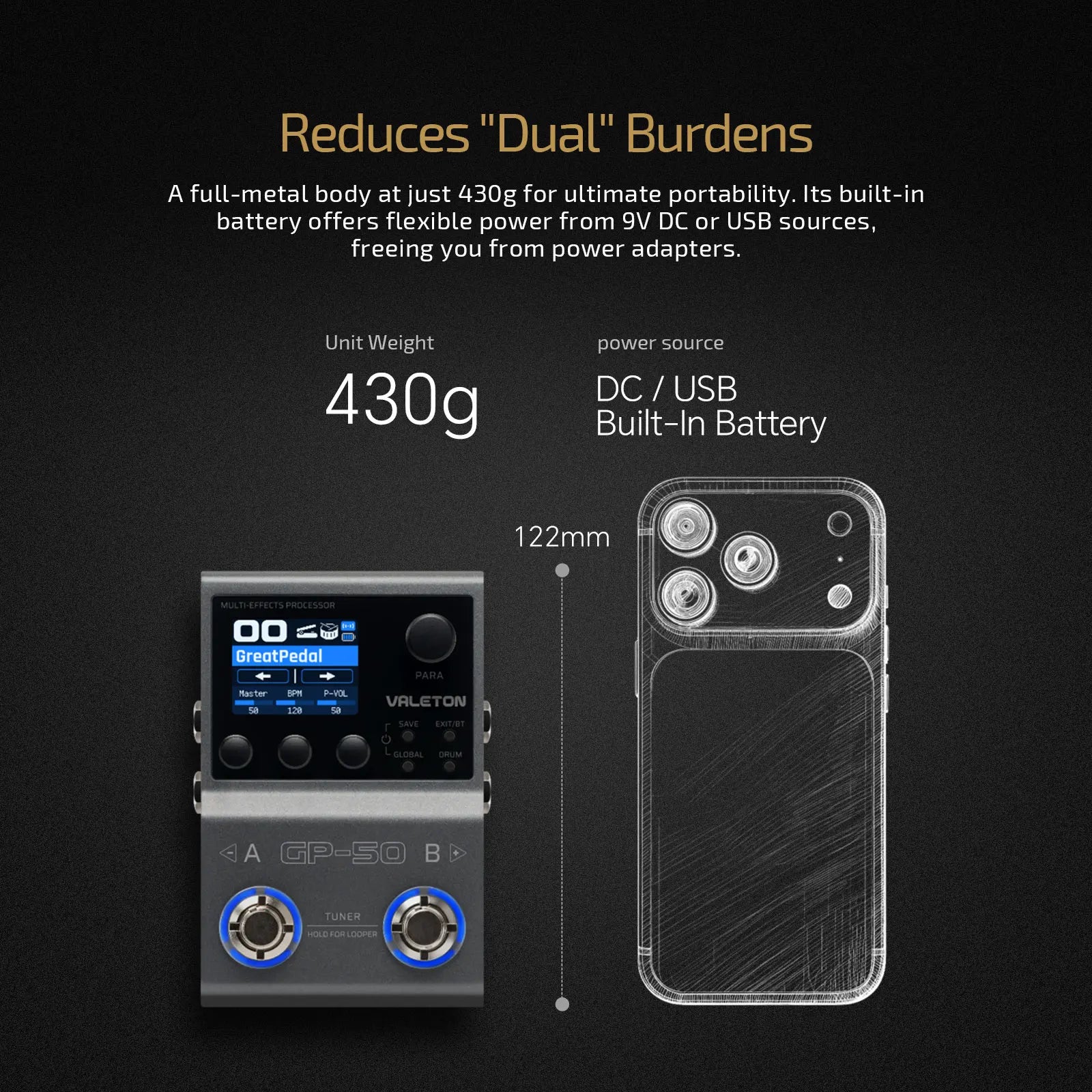 Procesador Multiefectos VALETON GP-50 – NAM & IR Loader con 100+ Efectos para Guitarra y Bajo