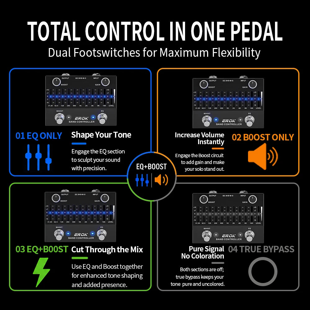 Pedal Ecualizador 10 Bandas EROK EQB-10 ±15dB – Guitarra y Bajo, True Bypass