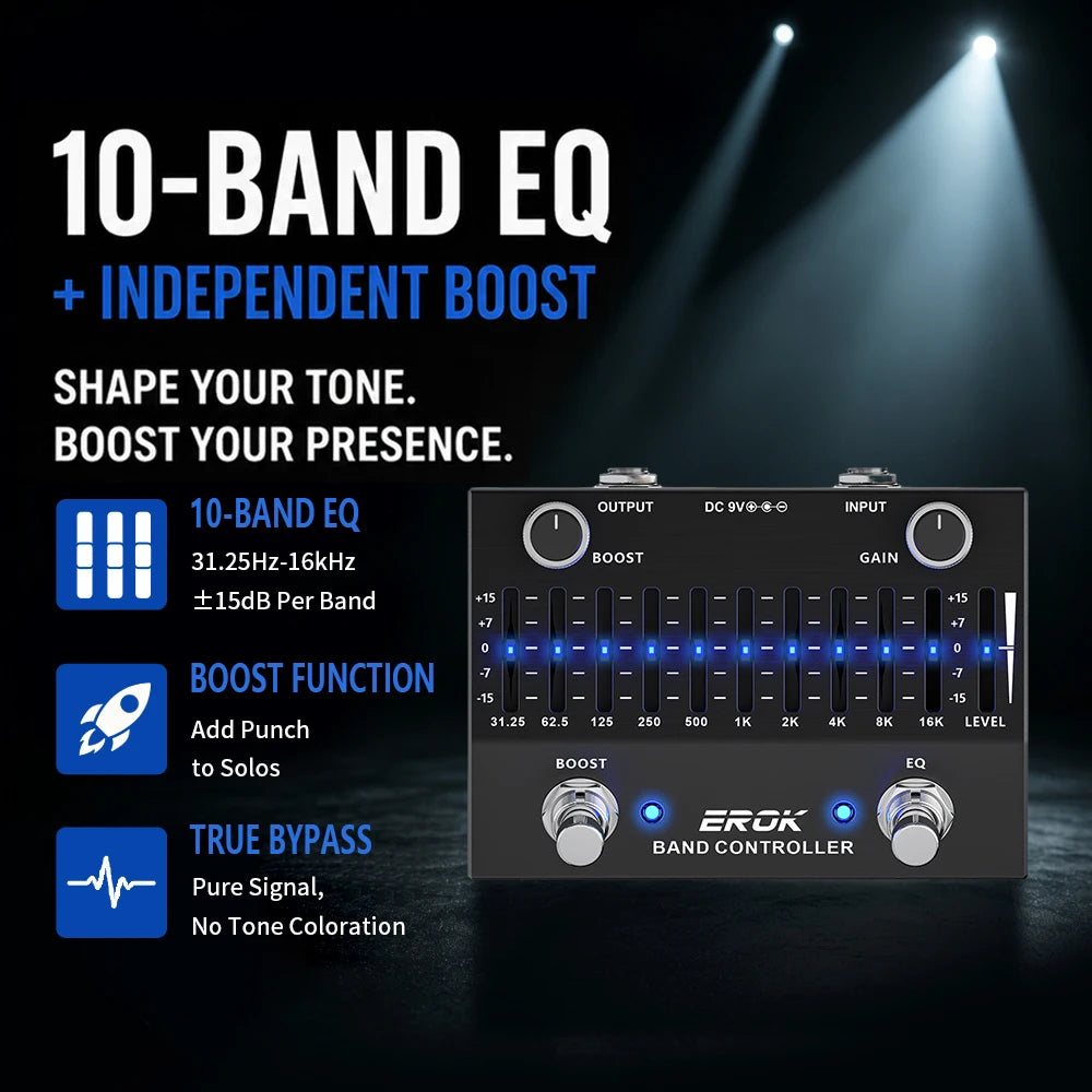 Pedal Ecualizador 10 Bandas EROK EQB-10 ±15dB – Guitarra y Bajo, True Bypass
