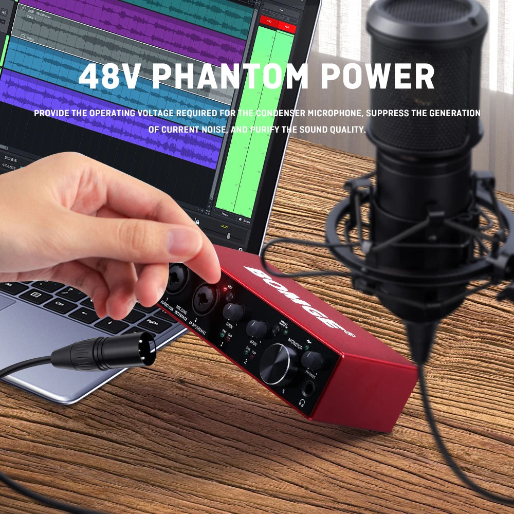 BOMGE BMG-22R Audio Interface, 24-Bit/192kHz High-Resolution Recording Interface 48V Phantom Power, Ultra-Low Noise Preamps