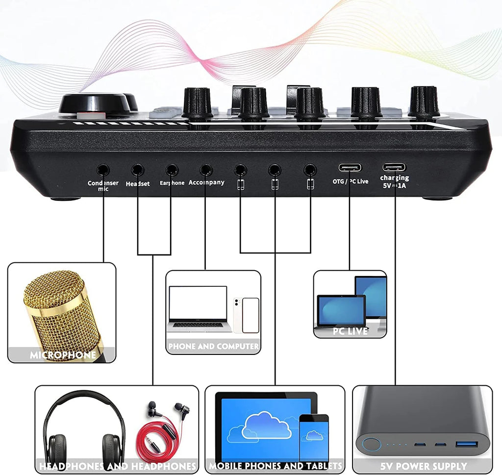 Mixer de Audio F998 – Sound Card con Interfaz DJ, Cambiador de Voz y Bluetooth para Streaming