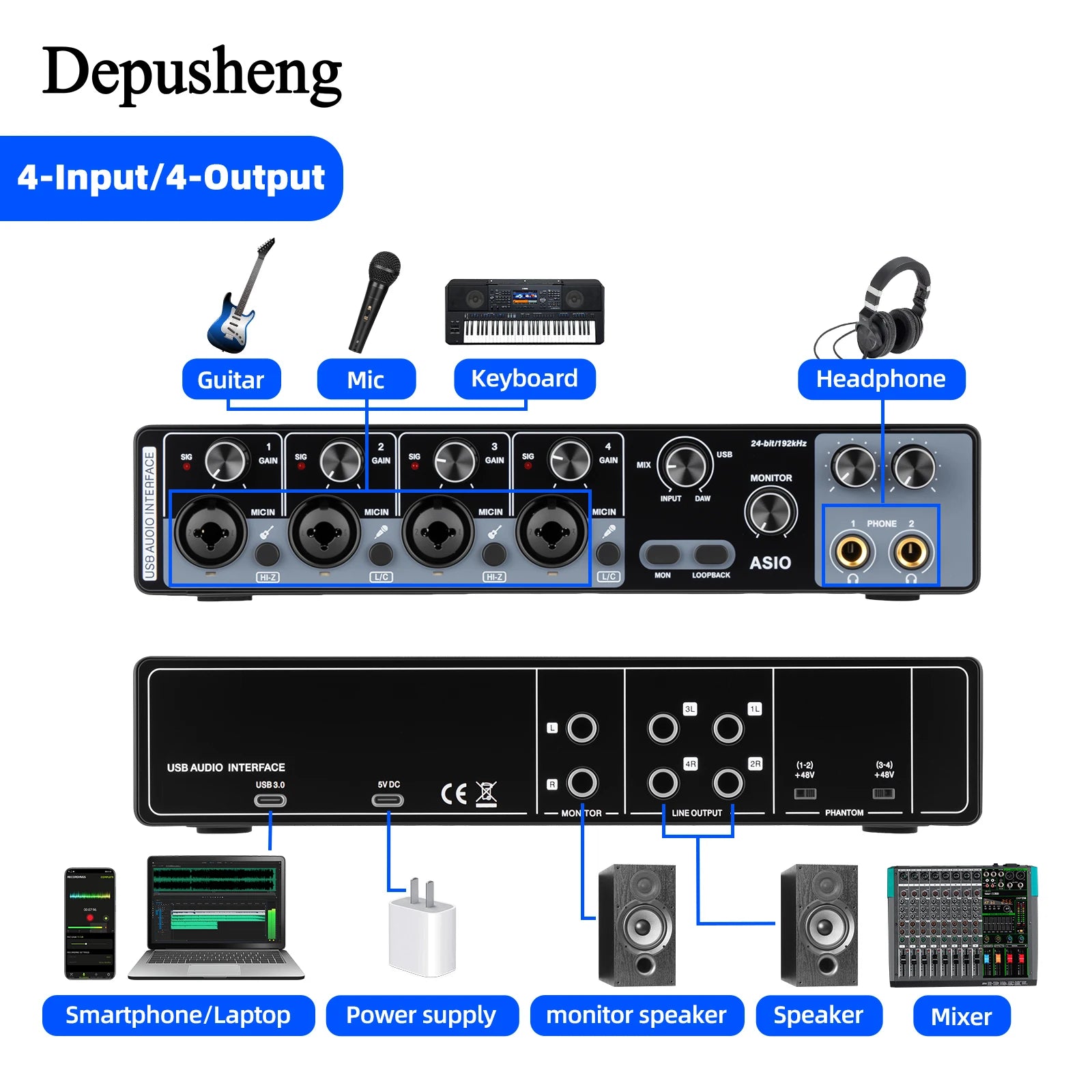 MQ44 ASIO Audio Professional Sound Card 4 Channel 4in 4out USB Audio Interface for Live Recording