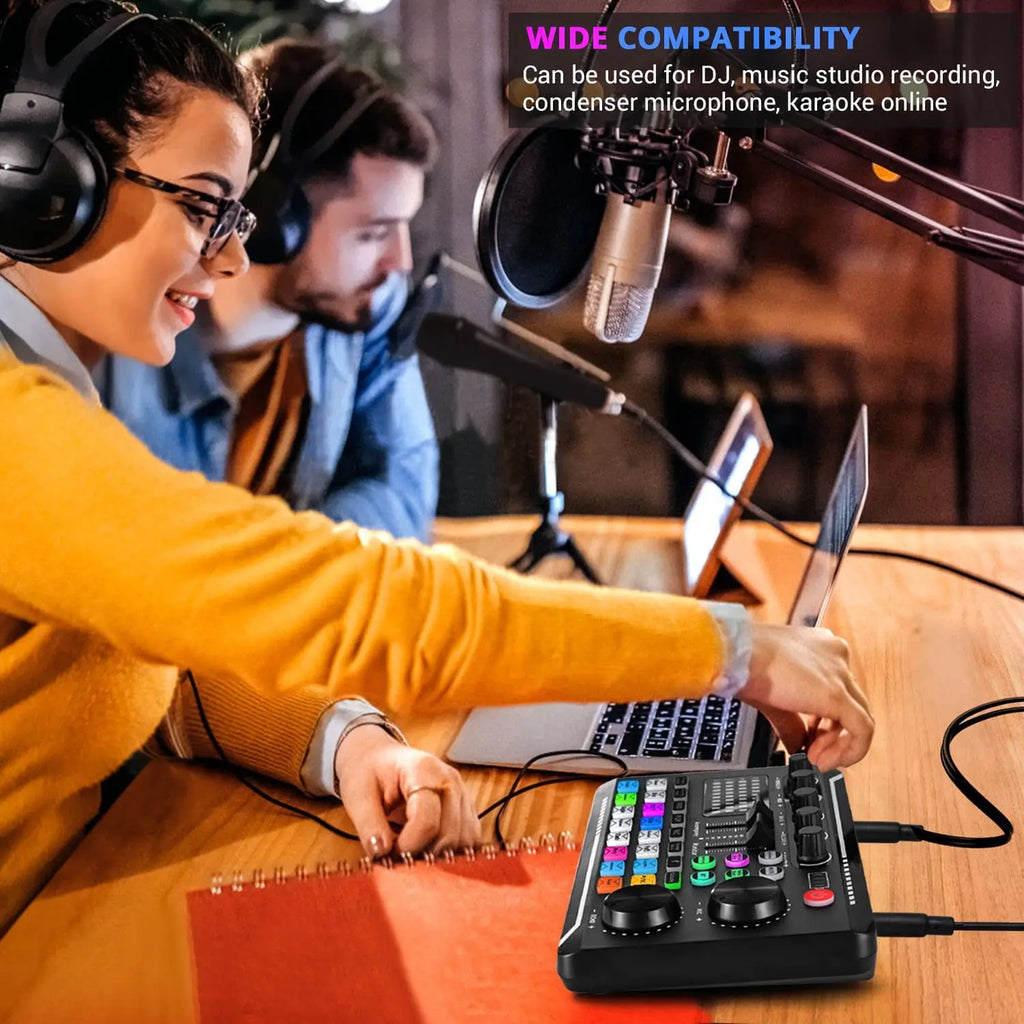 Mixer de Audio F998 – Sound Card con Interfaz DJ, Cambiador de Voz y Bluetooth para Streaming